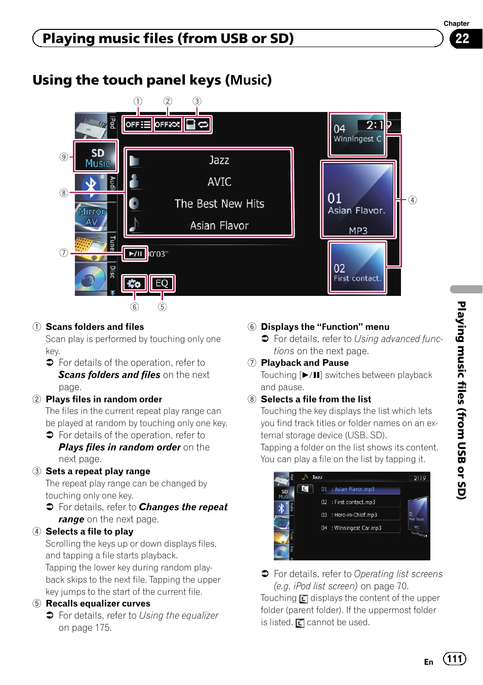 Using the touch panel keys (music), Using the touch panel, Keys | Playing music files (from usb or sd) | Pioneer SUPER TUNER IIID AVIC-X9310BT User Manual | Page 111 / 232