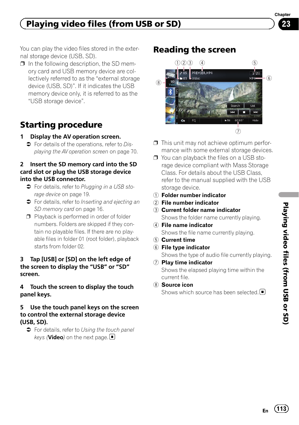 Reading the screen, Starting procedure, Playing video files (from usb or sd) | Pioneer SUPER TUNER IIID AVIC-X9310BT User Manual | Page 113 / 232