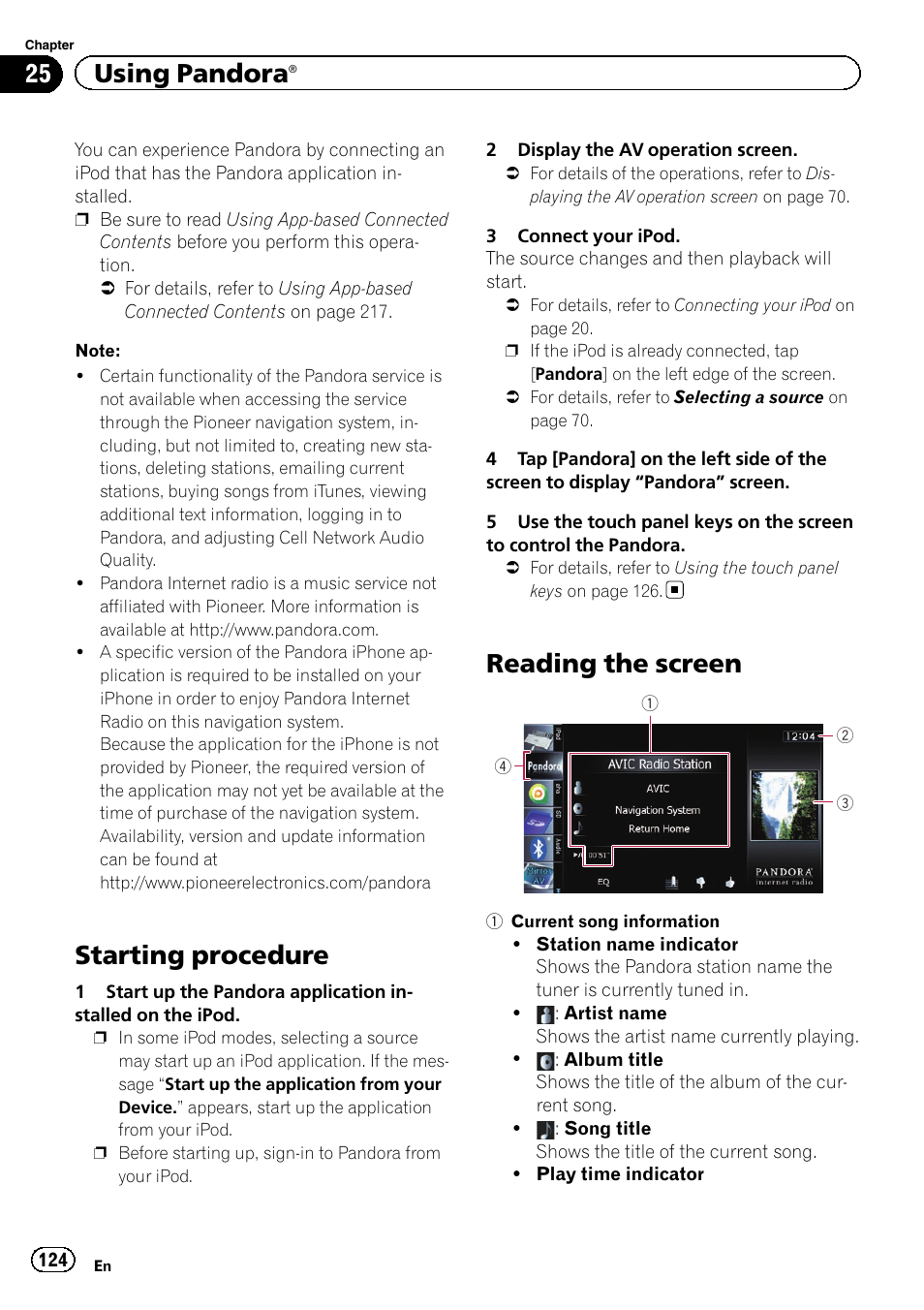 Using pandora® starting procedure, Reading the screen, Starting procedure | 25 using pandora | Pioneer SUPER TUNER IIID AVIC-X9310BT User Manual | Page 124 / 232