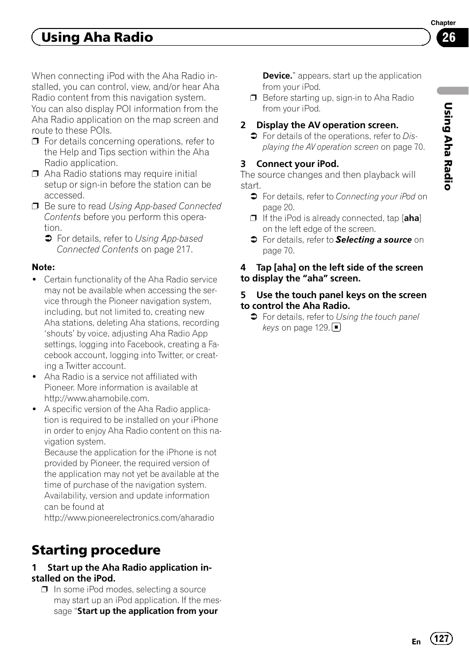 Using aha radio starting procedure, Starting, Starting procedure | Using aha radio | Pioneer SUPER TUNER IIID AVIC-X9310BT User Manual | Page 127 / 232