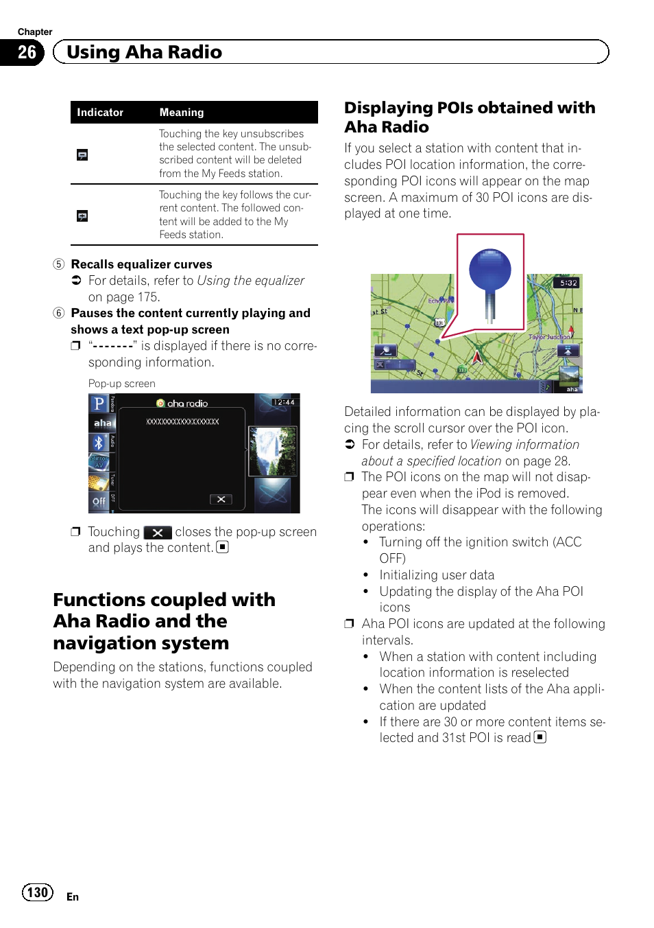 Functions coupled with aha radio and the, Navigation system, Displaying pois obtained with aha | Radio, 26 using aha radio, Displaying pois obtained with aha radio | Pioneer SUPER TUNER IIID AVIC-X9310BT User Manual | Page 130 / 232