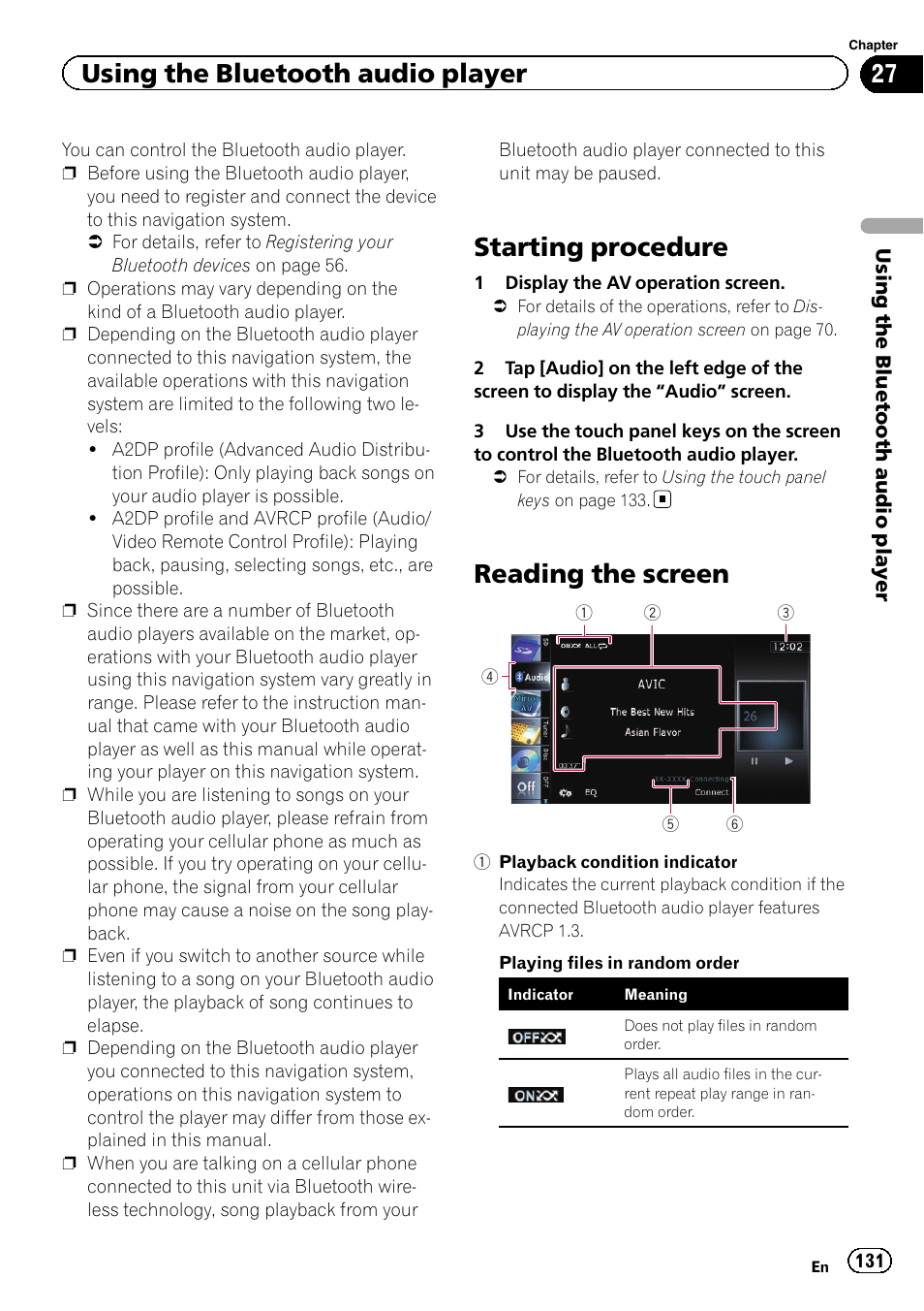 Reading the screen, Starting procedure, Using the bluetooth audio player | Pioneer SUPER TUNER IIID AVIC-X9310BT User Manual | Page 131 / 232