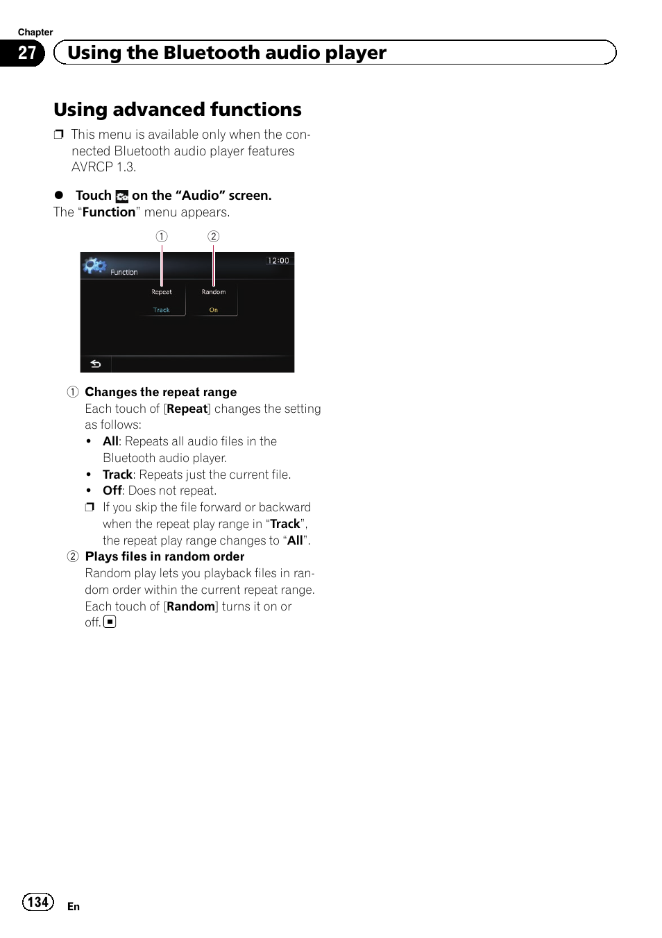 Using advanced functions, Plays files in ran, Changes the repeat | Using advanced func, 27 using the bluetooth audio player | Pioneer SUPER TUNER IIID AVIC-X9310BT User Manual | Page 134 / 232