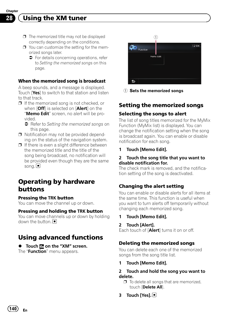 Operating by hardware buttons, Using advanced functions, Setting the memorized songs 140 | Using advanced func, 28 using the xm tuner | Pioneer SUPER TUNER IIID AVIC-X9310BT User Manual | Page 140 / 232