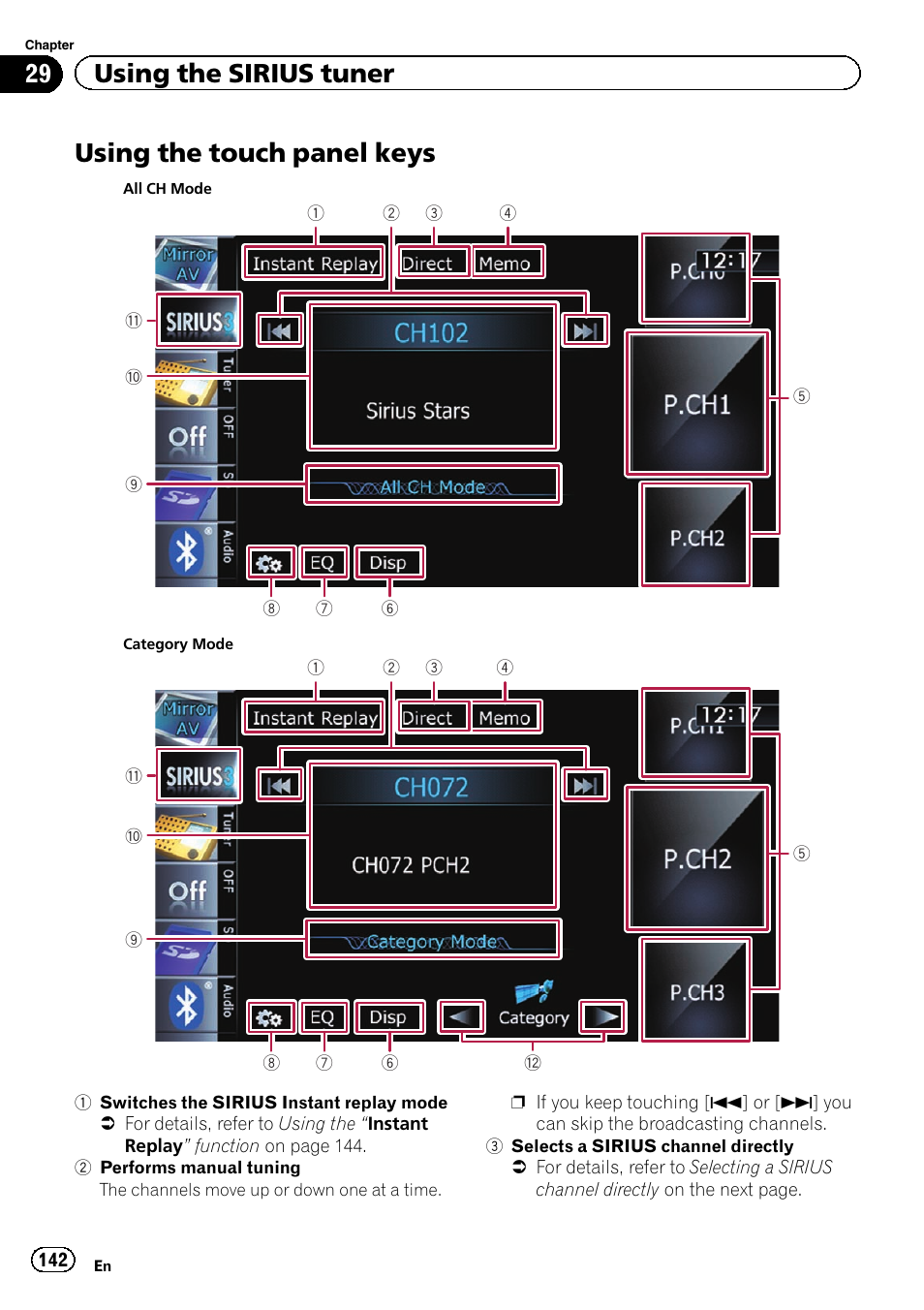 Using the touch panel keys, Using the touch panel, 29 using the sirius tuner | Pioneer SUPER TUNER IIID AVIC-X9310BT User Manual | Page 142 / 232