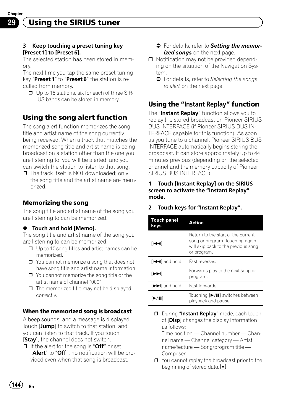 Using the song alert function 144, Using the “instant replay, Function | Using the “instant, Replay, Memorizing the song, 29 using the sirius tuner, Using the song alert function, Using the “instant replay” function | Pioneer SUPER TUNER IIID AVIC-X9310BT User Manual | Page 144 / 232