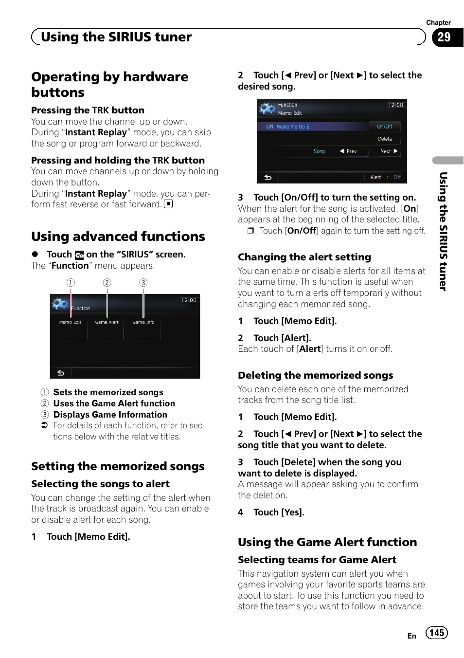 Operating by hardware buttons, Using advanced functions, Setting the memorized songs 145 | Using the game alert function 145, Using advanced func, Setting the memor, Selecting the songs, Using the sirius tuner | Pioneer SUPER TUNER IIID AVIC-X9310BT User Manual | Page 145 / 232