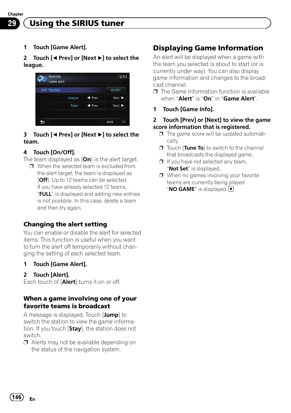 Displaying game information 146, 29 using the sirius tuner, Displaying game information | Pioneer SUPER TUNER IIID AVIC-X9310BT User Manual | Page 146 / 232