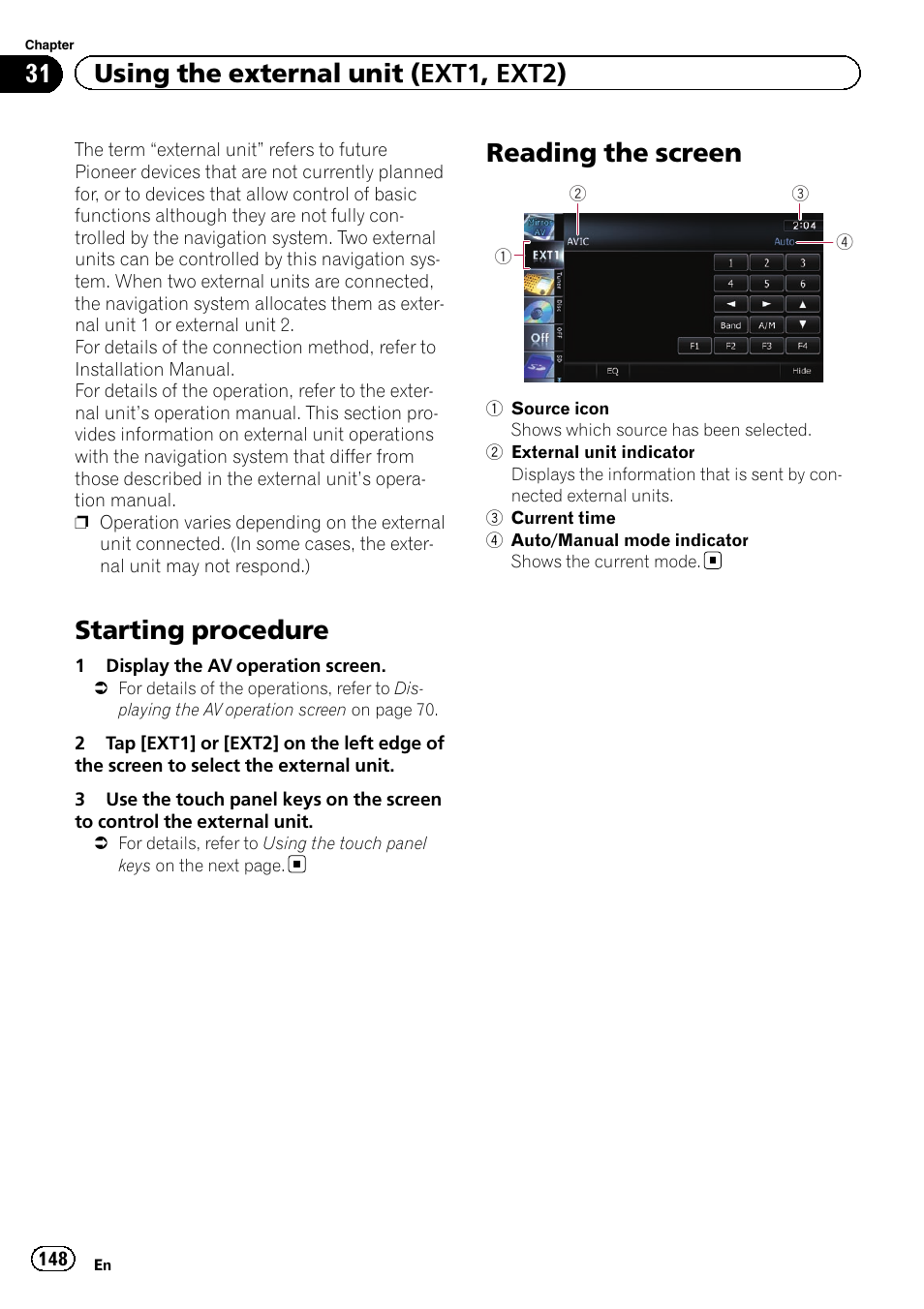 Reading the screen, Starting procedure, 31 using the external unit (ext1, ext2) | Pioneer SUPER TUNER IIID AVIC-X9310BT User Manual | Page 148 / 232