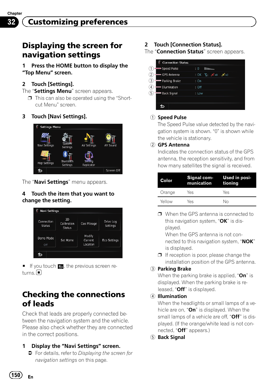 Settings, Checking the connections of leads, Displaying the screen for navigation settings | 32 customizing preferences | Pioneer SUPER TUNER IIID AVIC-X9310BT User Manual | Page 150 / 232