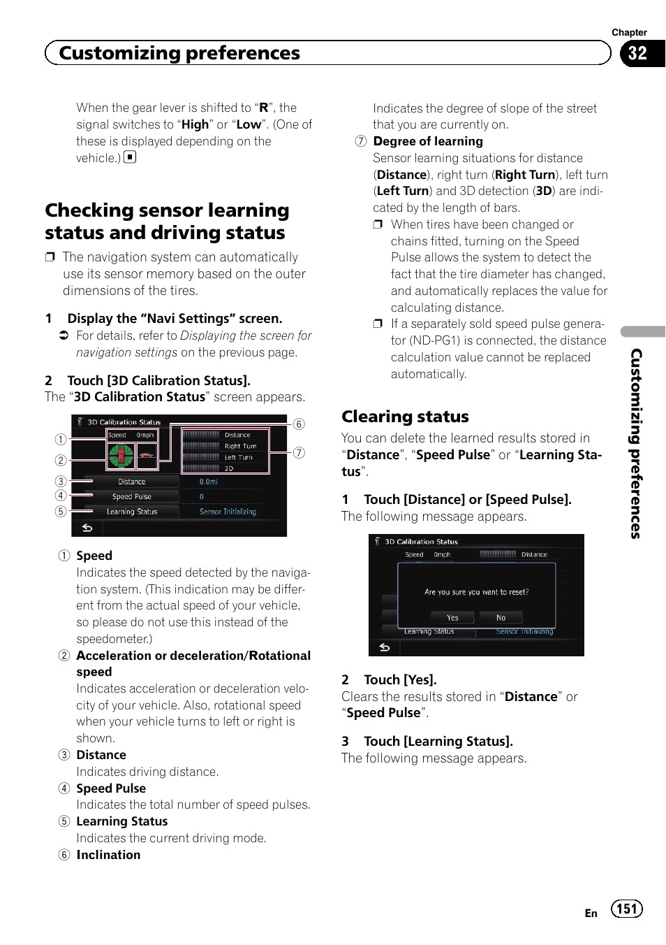 Checking sensor learning status and driving, Status, Clearing status 151 | Checking sensor learning status and driving status, Customizing preferences, Clearing status | Pioneer SUPER TUNER IIID AVIC-X9310BT User Manual | Page 151 / 232