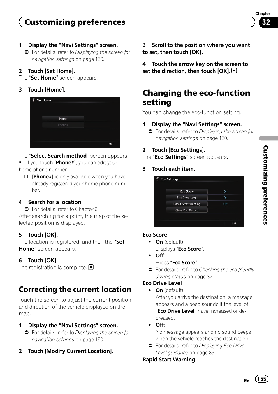 Correcting the current location, Changing the eco-function setting, Changing the eco-func | Chan, Customizing preferences | Pioneer SUPER TUNER IIID AVIC-X9310BT User Manual | Page 155 / 232
