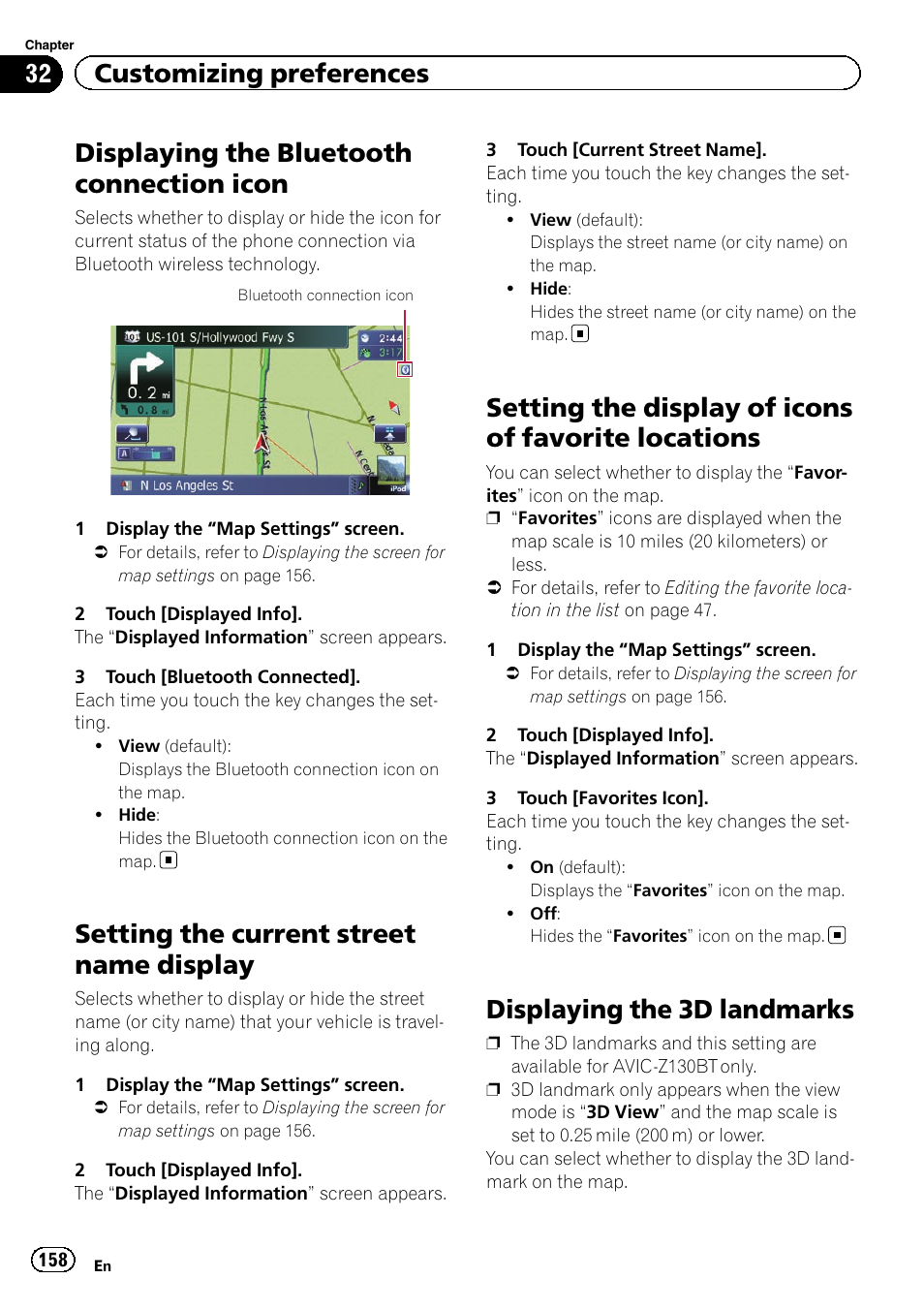 Displaying the bluetooth connection, Icon, Setting the current street name display | Setting the display of icons of favorite, Locations, Displaying the 3d landmarks, Setting the current, Setting the display of, Displaying the bluetooth connection icon, Setting the display of icons of favorite locations | Pioneer SUPER TUNER IIID AVIC-X9310BT User Manual | Page 158 / 232
