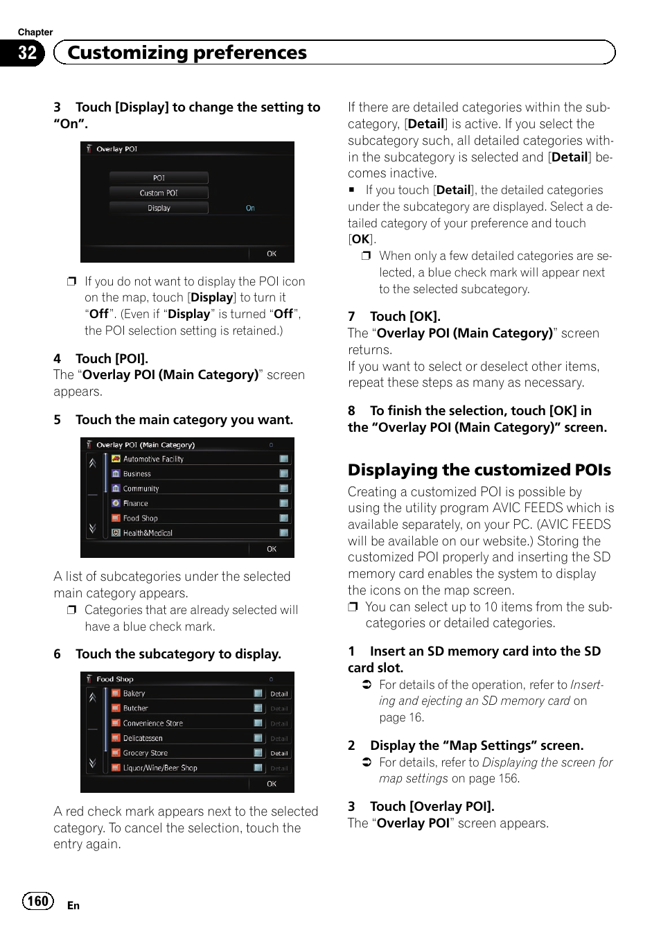 Displaying the customized pois 160, 32 customizing preferences, Displaying the customized pois | Pioneer SUPER TUNER IIID AVIC-X9310BT User Manual | Page 160 / 232