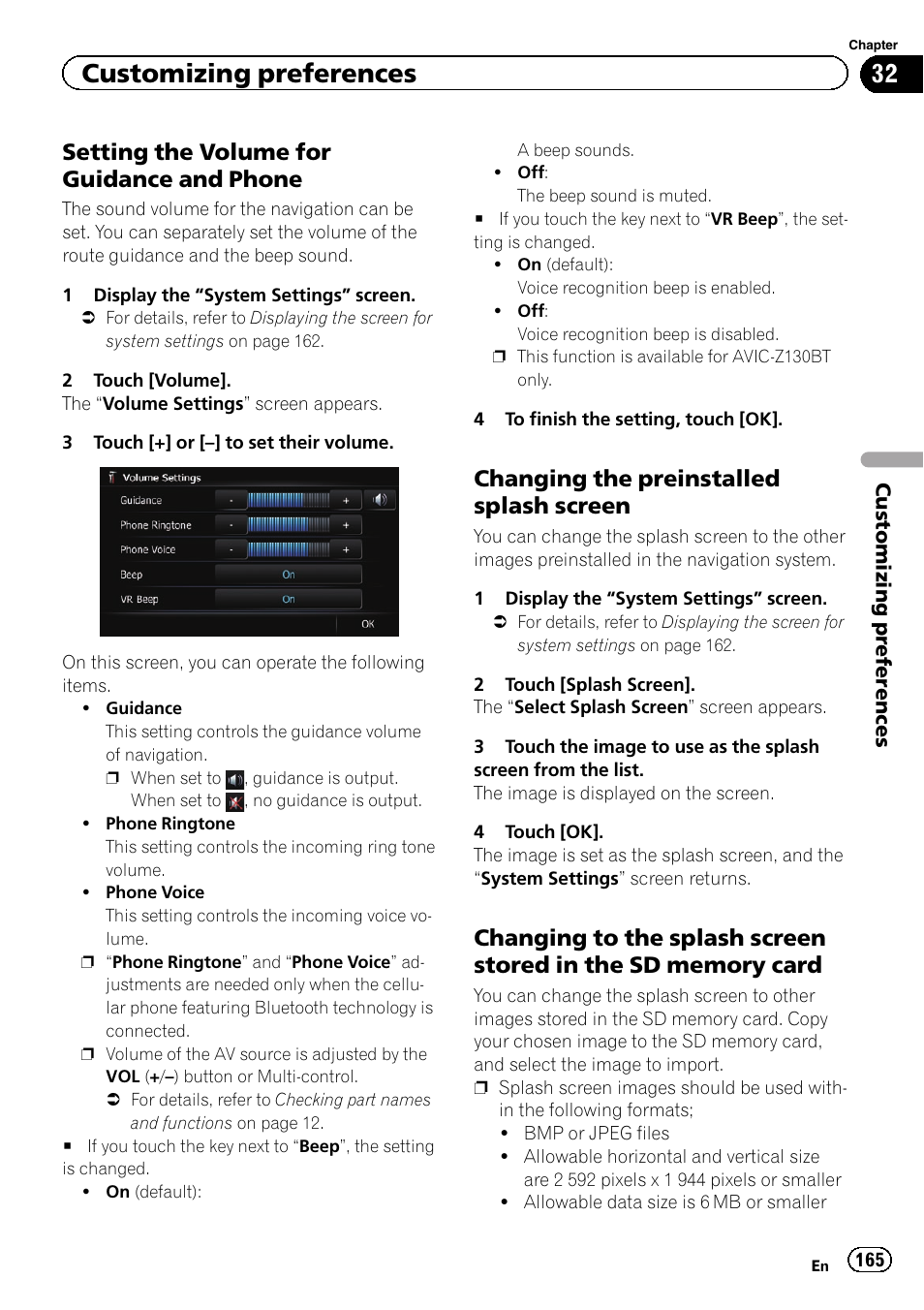 Setting the volume for guidance and, Phone, Changing the preinstalled splash | Screen, Changing to the splash screen stored, In the sd memory card, Setting the volume for, Setting the volume, Customizing preferences, Setting the volume for guidance and phone | Pioneer SUPER TUNER IIID AVIC-X9310BT User Manual | Page 165 / 232