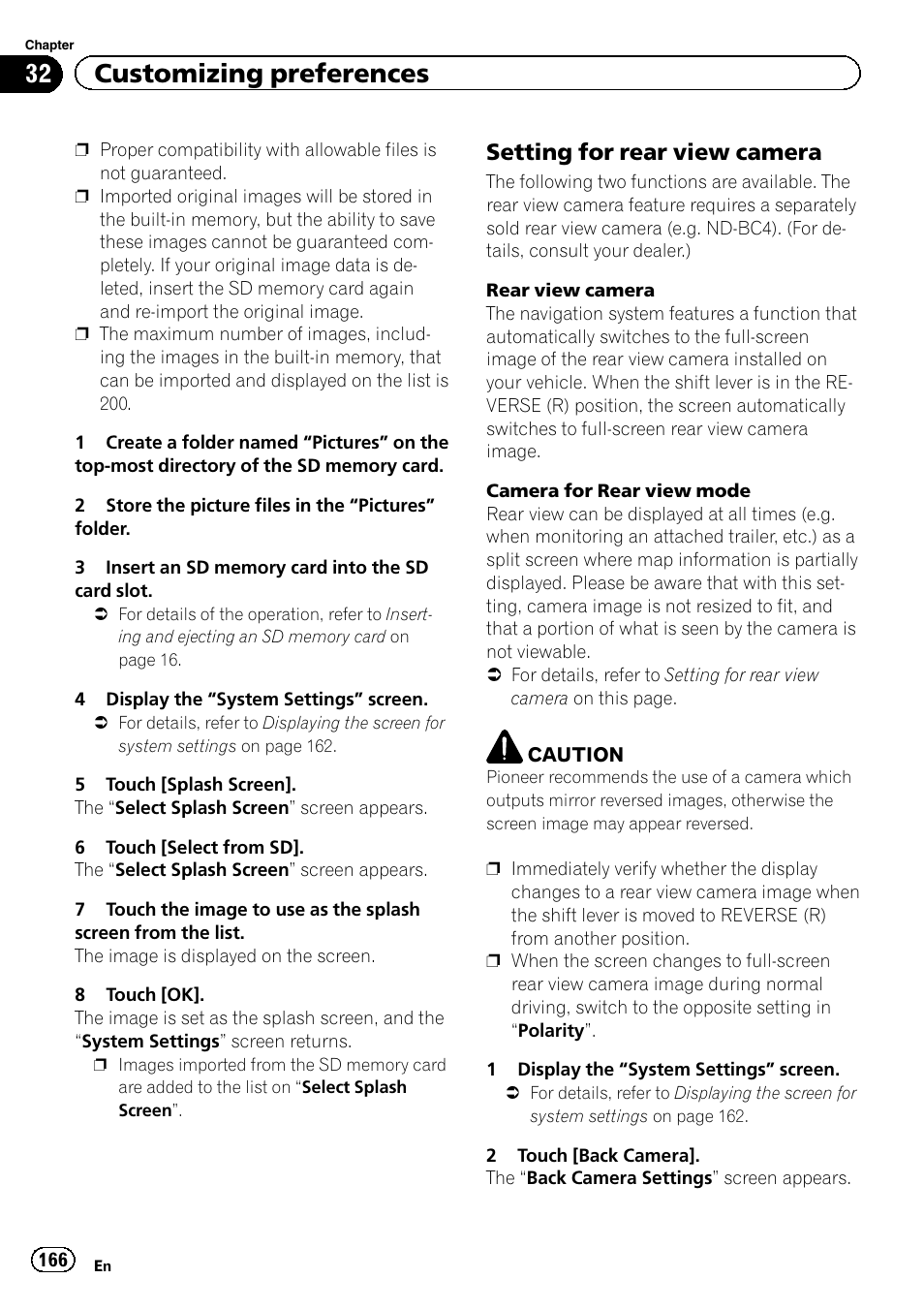 Setting for rear view camera 166, Setting for rear view, 32 customizing preferences | Setting for rear view camera | Pioneer SUPER TUNER IIID AVIC-X9310BT User Manual | Page 166 / 232