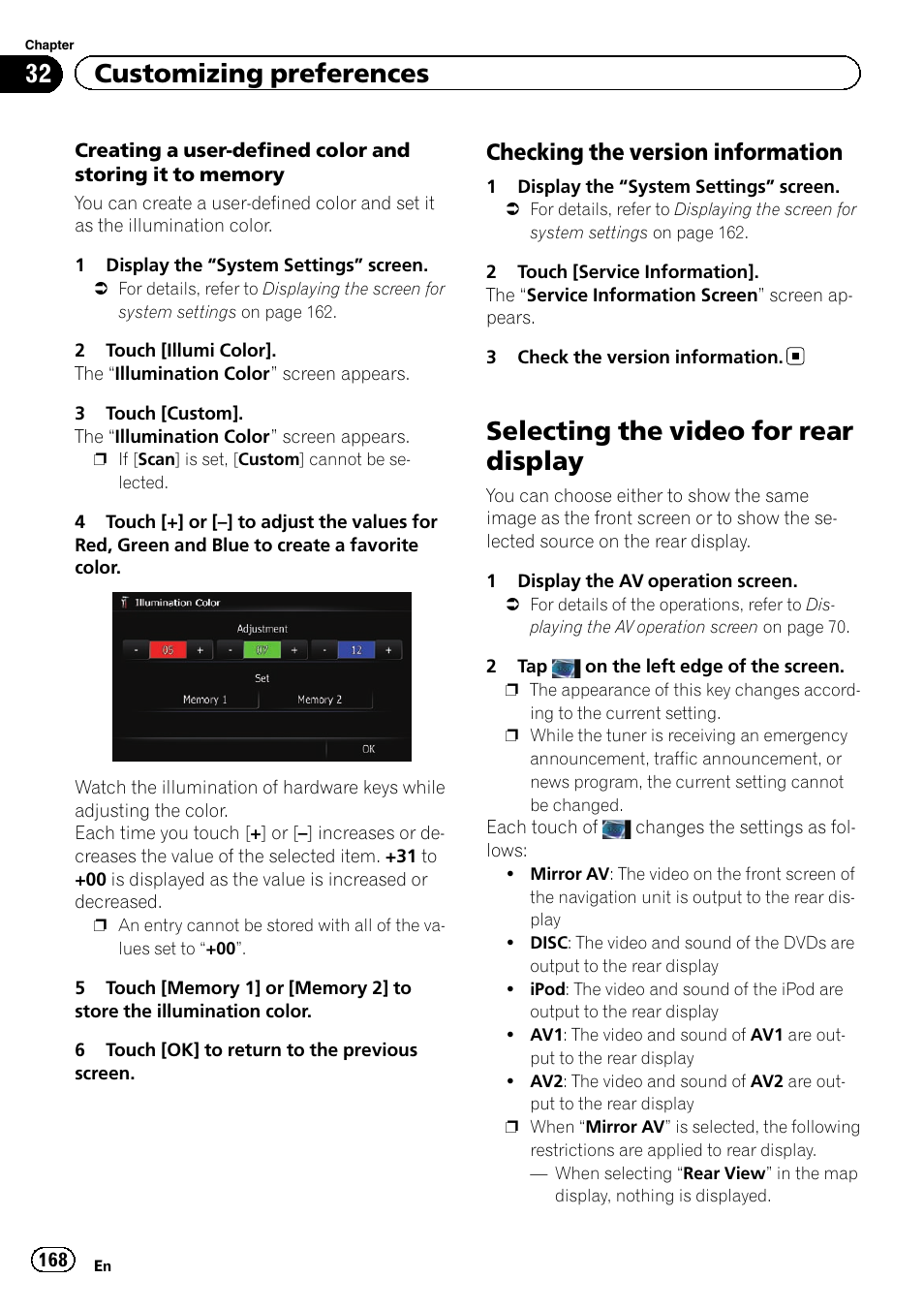 Checking the version information 168, Selecting the video for rear display, Creating a user-de | 32 customizing preferences, Checking the version information | Pioneer SUPER TUNER IIID AVIC-X9310BT User Manual | Page 168 / 232