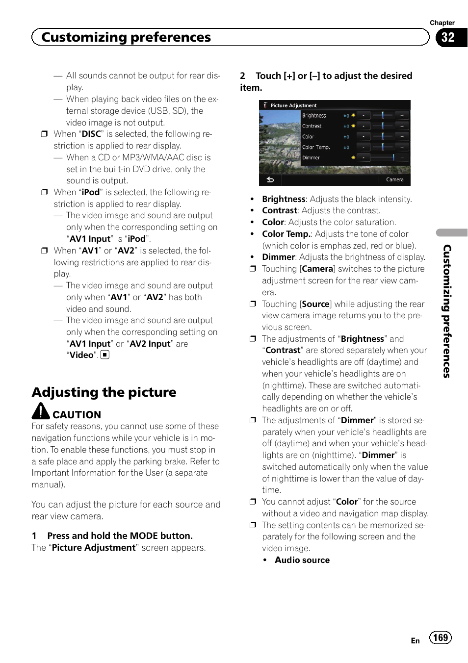 Adjusting the picture, Adjusting the pic, Customizing preferences | Pioneer SUPER TUNER IIID AVIC-X9310BT User Manual | Page 169 / 232