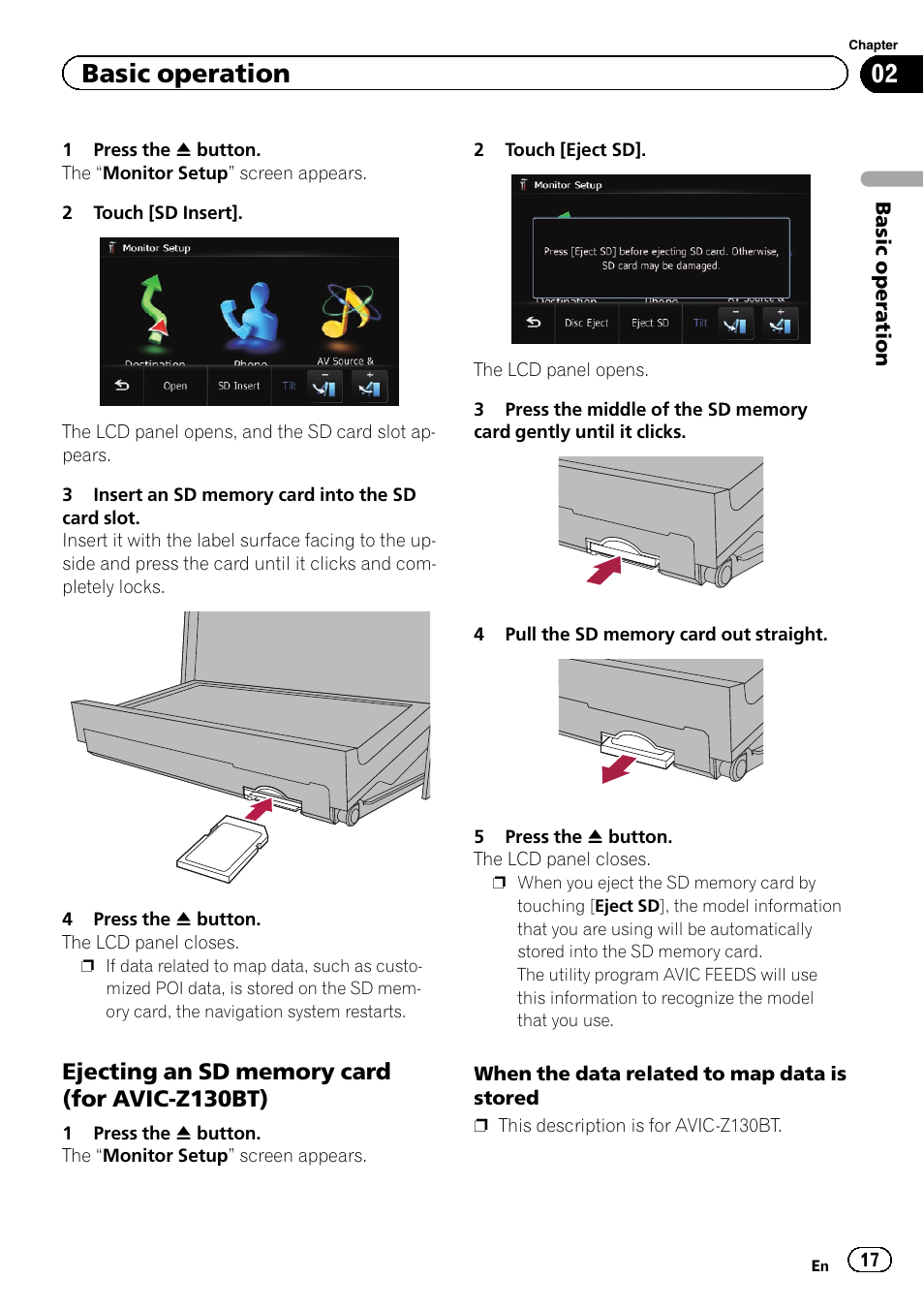 Ejecting an sd memory card (for avic, Z130bt), Basic operation | Pioneer SUPER TUNER IIID AVIC-X9310BT User Manual | Page 17 / 232