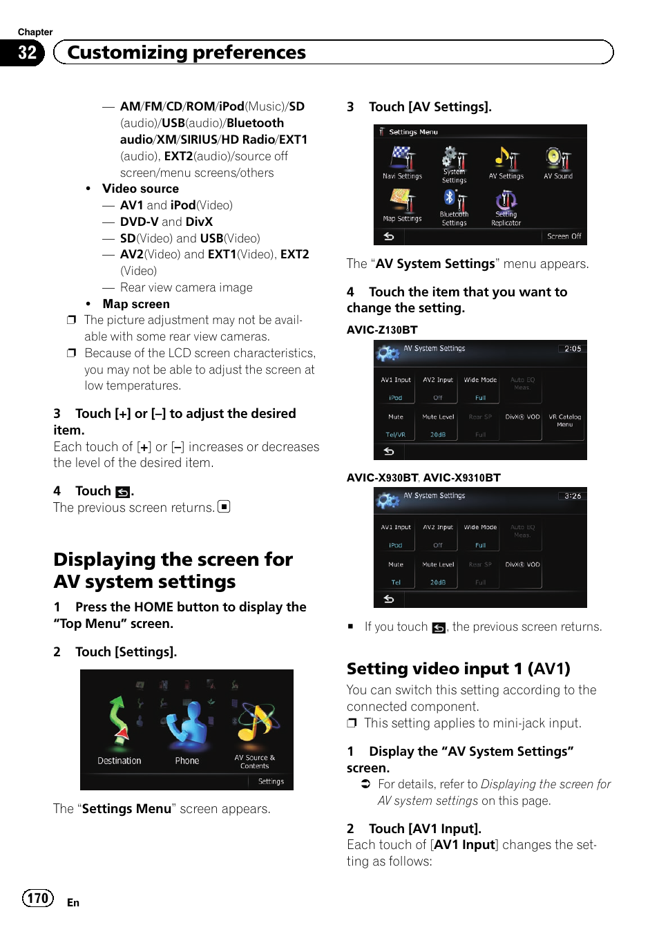 Displaying the screen for av system, Settings, Setting video input 1 (av1) 170 | Setting video input 1, Displaying the screen for av system settings, 32 customizing preferences, Setting video input 1 (av1) | Pioneer SUPER TUNER IIID AVIC-X9310BT User Manual | Page 170 / 232