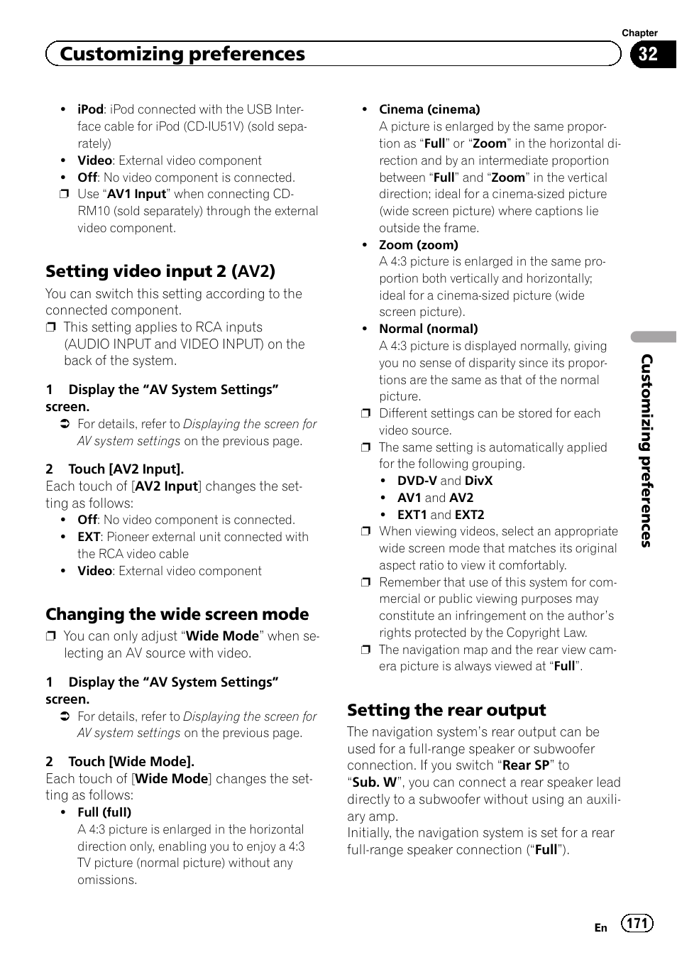 Setting video input 2 (av2) 171, Changing the wide screen mode 171, Setting the rear output 171 | Setting video input 2, Customizing preferences, Setting video input 2 (av2), Changing the wide screen mode, Setting the rear output | Pioneer SUPER TUNER IIID AVIC-X9310BT User Manual | Page 171 / 232