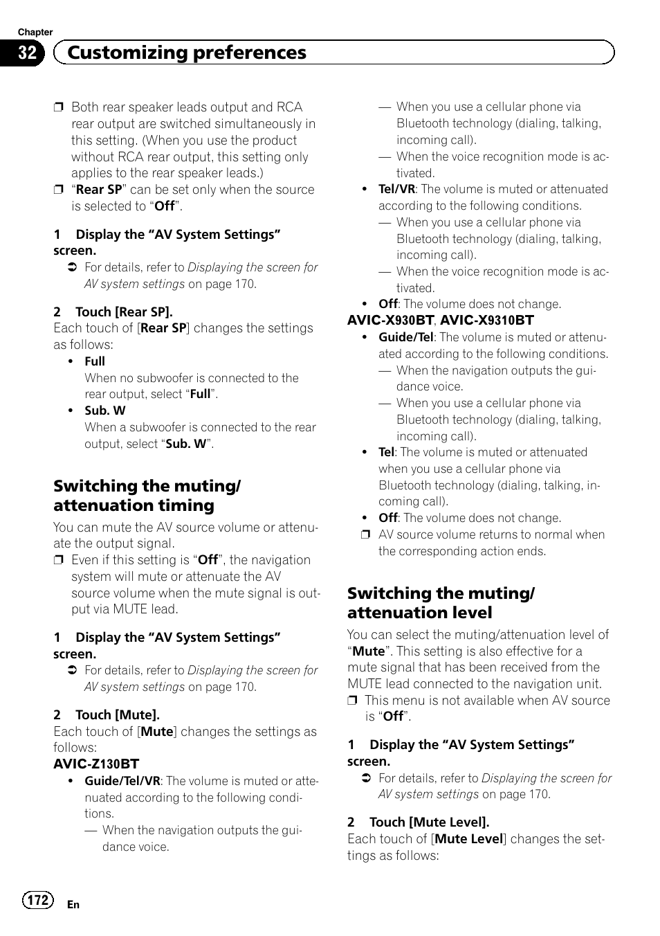 Switching the muting/attenuation, Timing, Level | 32 customizing preferences, Switching the muting/ attenuation timing, Switching the muting/ attenuation level | Pioneer SUPER TUNER IIID AVIC-X9310BT User Manual | Page 172 / 232