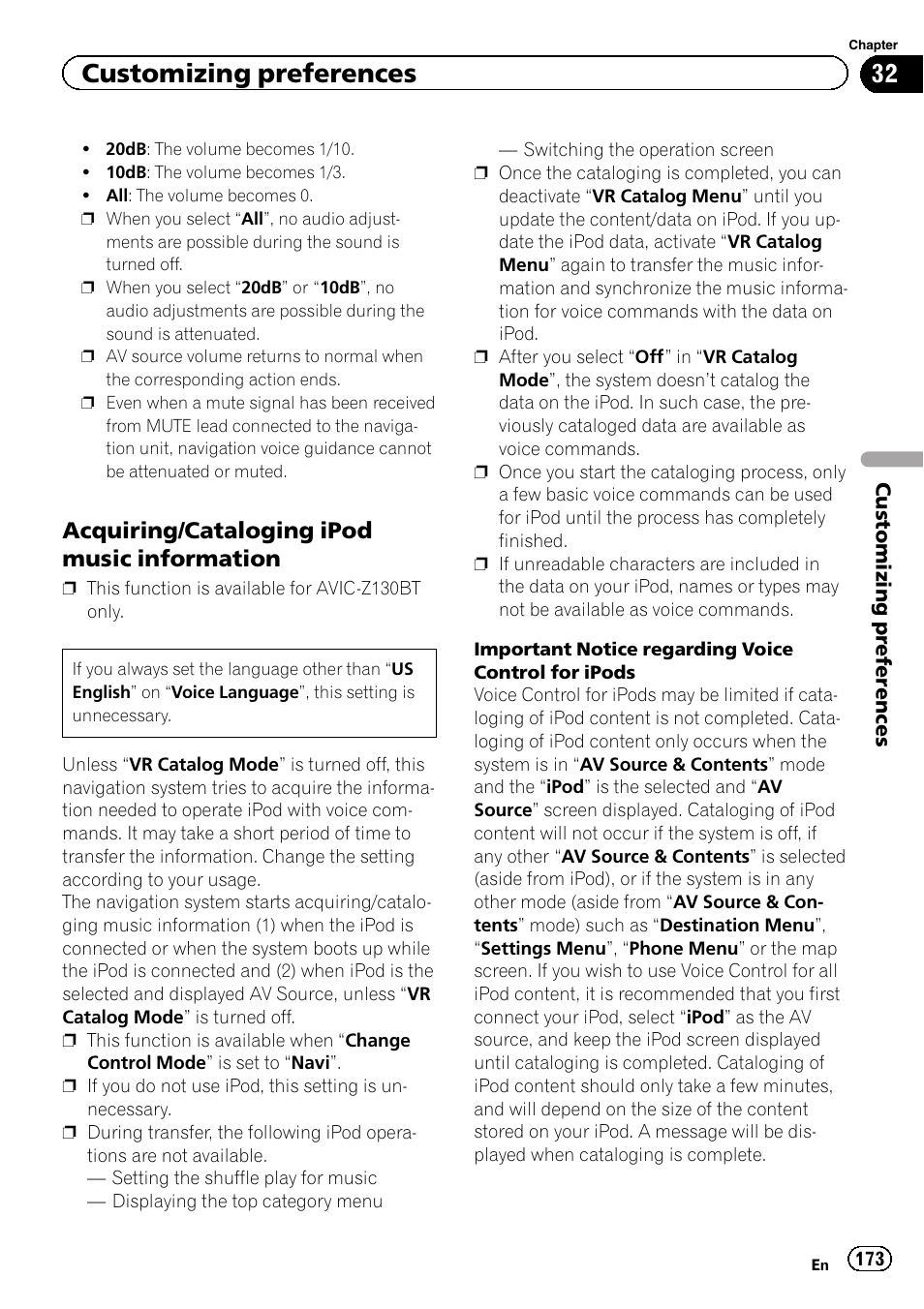 Acquiring/cataloging ipod music, Information, Customizing preferences | Acquiring/cataloging ipod music information | Pioneer SUPER TUNER IIID AVIC-X9310BT User Manual | Page 173 / 232