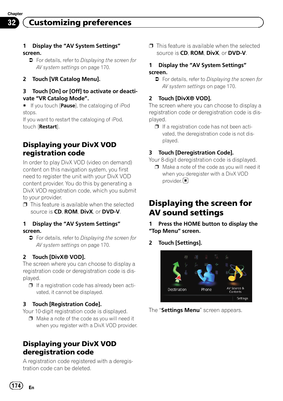 Displaying your divx vod registration, Code, Displaying your divx vod | Deregistration code, Displaying the screen for av sound, Settings, Displaying the screen for av sound settings, 32 customizing preferences, Displaying your divx vod registration code, Displaying your divx vod deregistration code | Pioneer SUPER TUNER IIID AVIC-X9310BT User Manual | Page 174 / 232