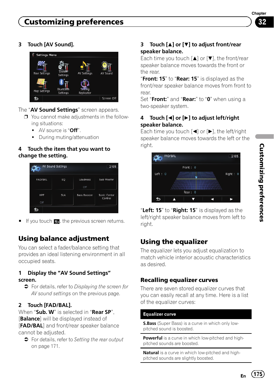 Using balance adjustment 175, Using the equalizer 175, Using the equalizer | Customizing preferences, Using balance adjustment | Pioneer SUPER TUNER IIID AVIC-X9310BT User Manual | Page 175 / 232