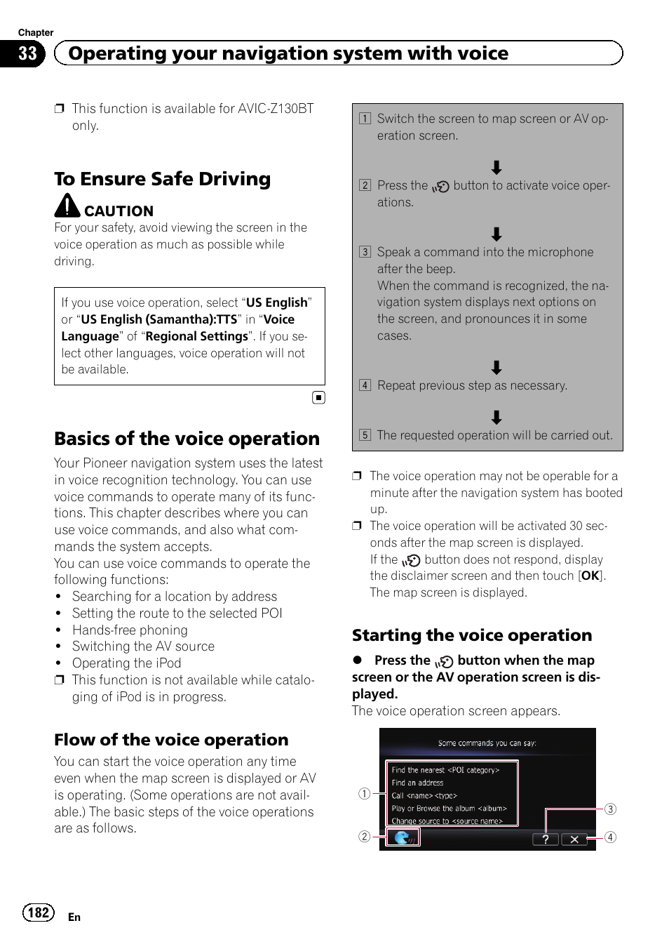Basics of the voice operation, Flow of the voice operation 182, Starting the voice operation 182 | 33 operating your navigation system with voice, Flow of the voice operation, Starting the voice operation | Pioneer SUPER TUNER IIID AVIC-X9310BT User Manual | Page 182 / 232