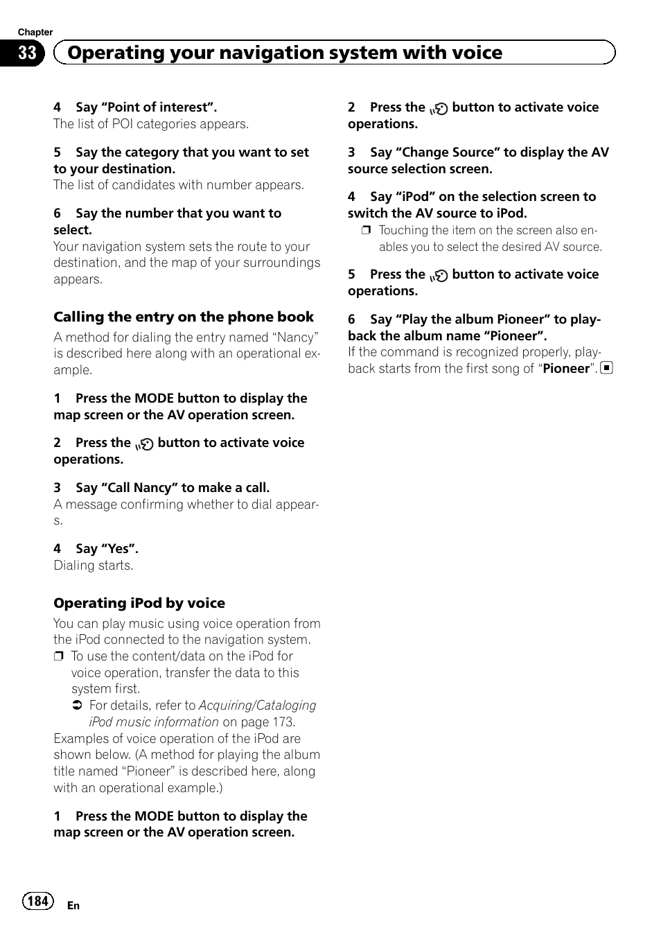 33 operating your navigation system with voice | Pioneer SUPER TUNER IIID AVIC-X9310BT User Manual | Page 184 / 232