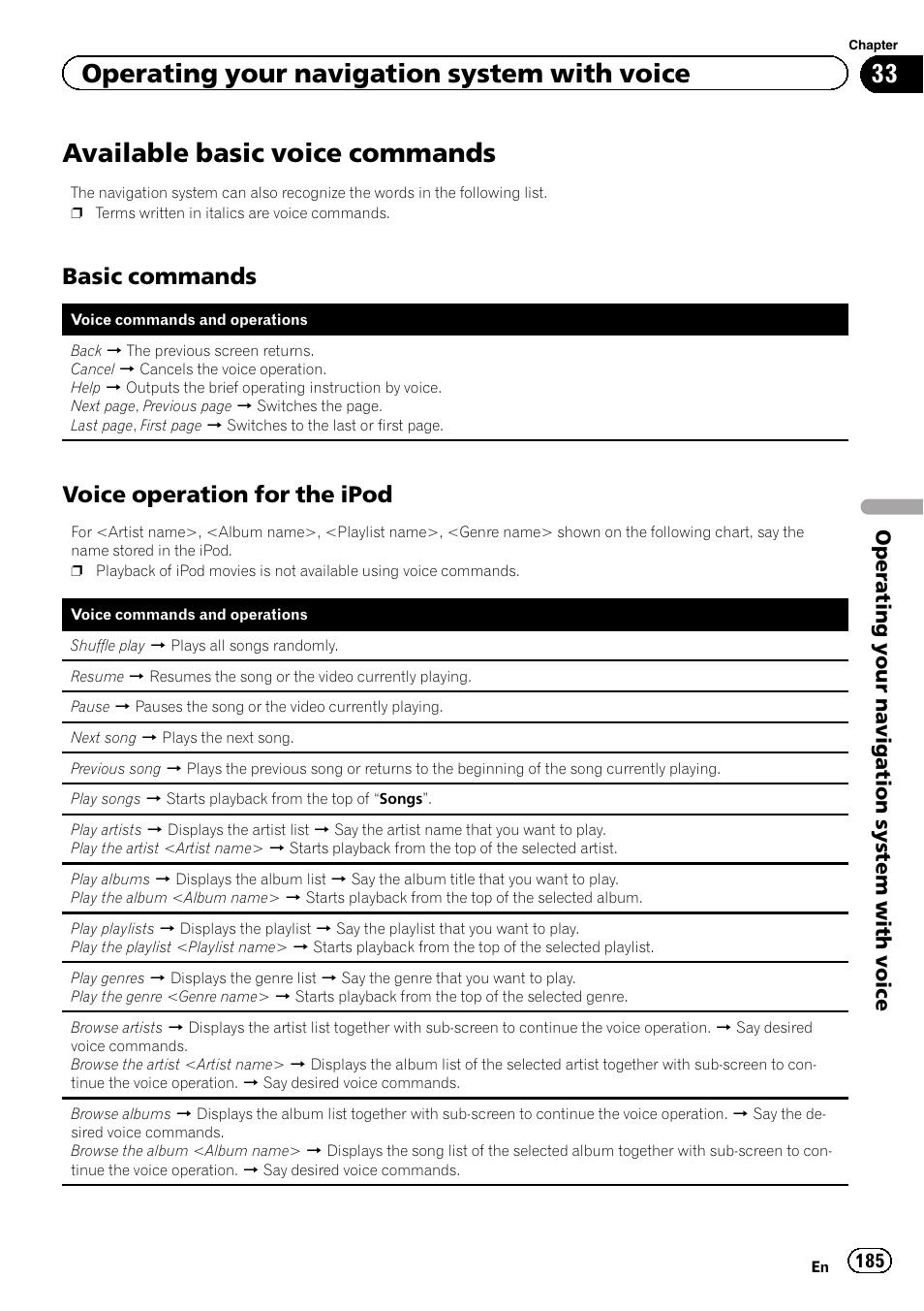 Available basic voice commands, Basic commands 185, Voice operation for the ipod 185 | Operating your navigation system with voice, Basic commands, Voice operation for the ipod | Pioneer SUPER TUNER IIID AVIC-X9310BT User Manual | Page 185 / 232