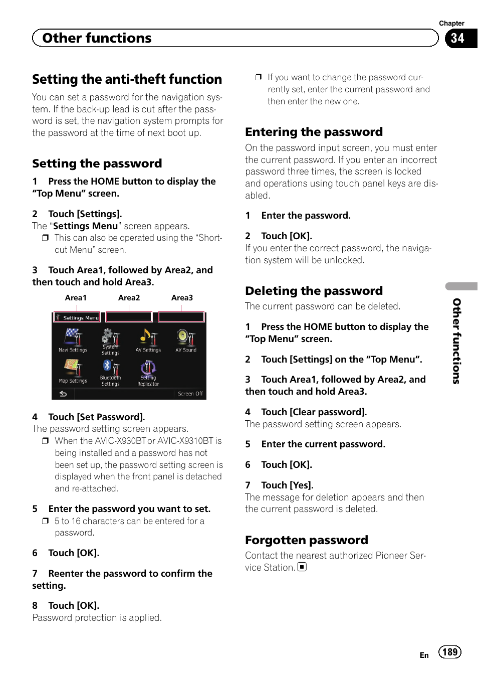 Other functions setting the anti-theft function, Setting the password 189, Entering the password 189 | Deleting the password 189, Forgotten password 189, Setting the anti-theft function, Other functions, Setting the password, Entering the password, Deleting the password | Pioneer SUPER TUNER IIID AVIC-X9310BT User Manual | Page 189 / 232