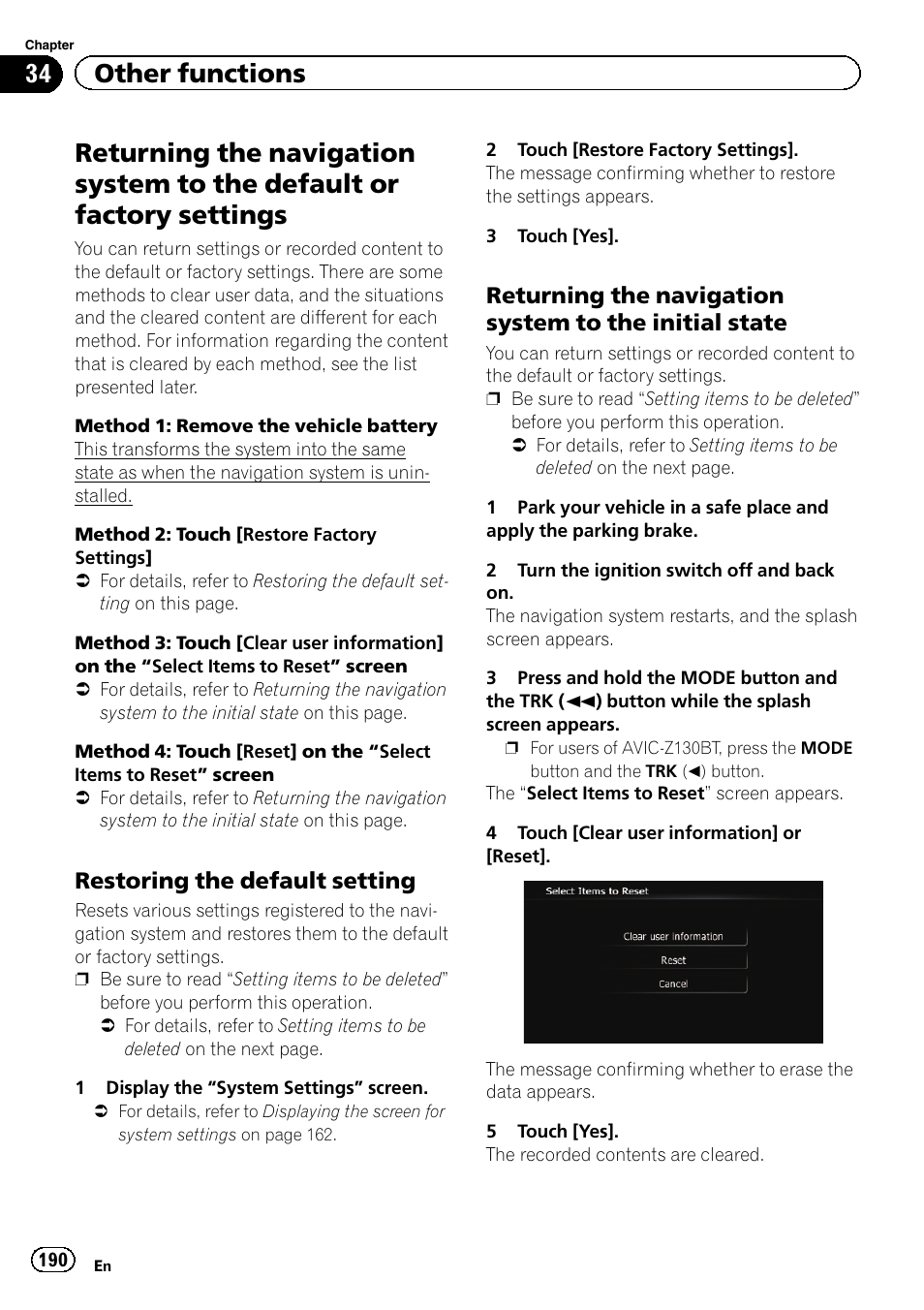 Returning the navigation system to the, Default or factory settings, Restoring the default setting 190 | Initial state, 34 other functions, Restoring the default setting | Pioneer SUPER TUNER IIID AVIC-X9310BT User Manual | Page 190 / 232
