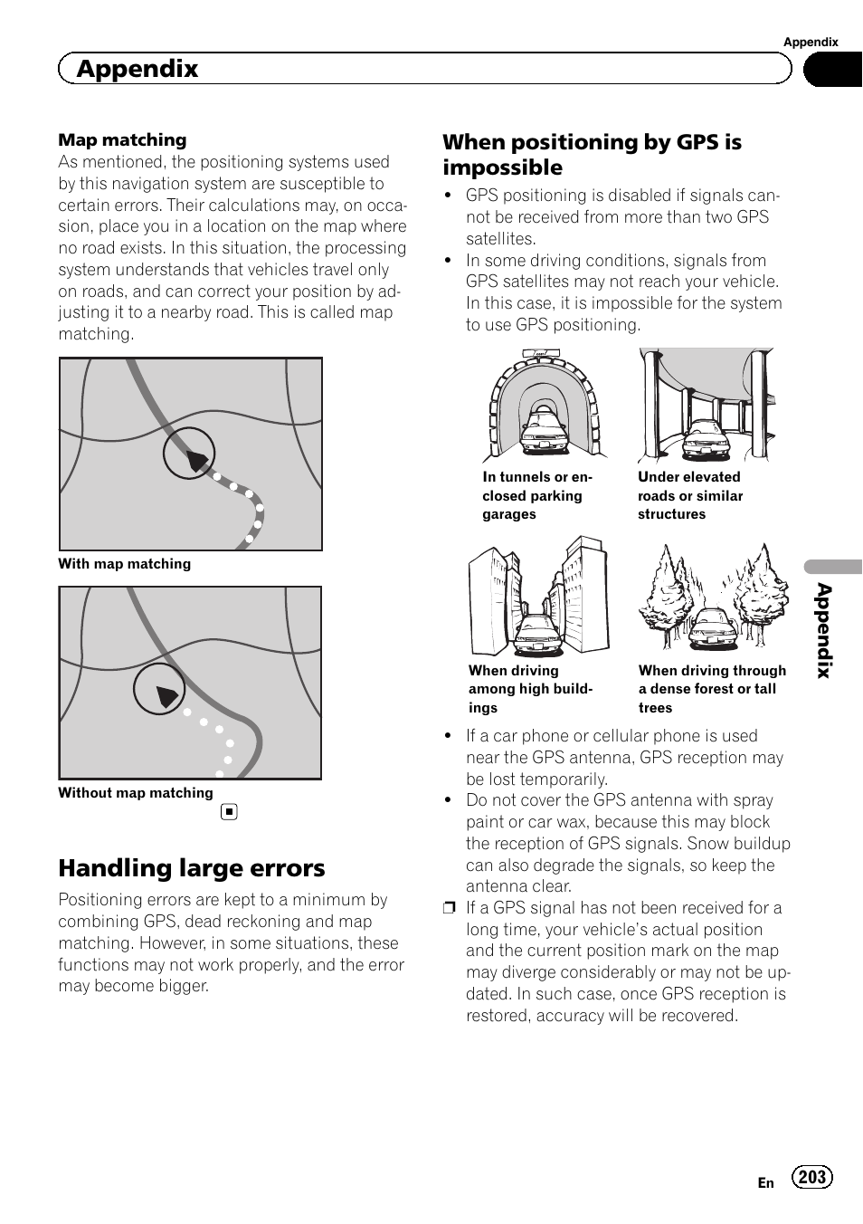 Handling large errors, When positioning by gps is, Impossible | Appendix, When positioning by gps is impossible | Pioneer SUPER TUNER IIID AVIC-X9310BT User Manual | Page 203 / 232