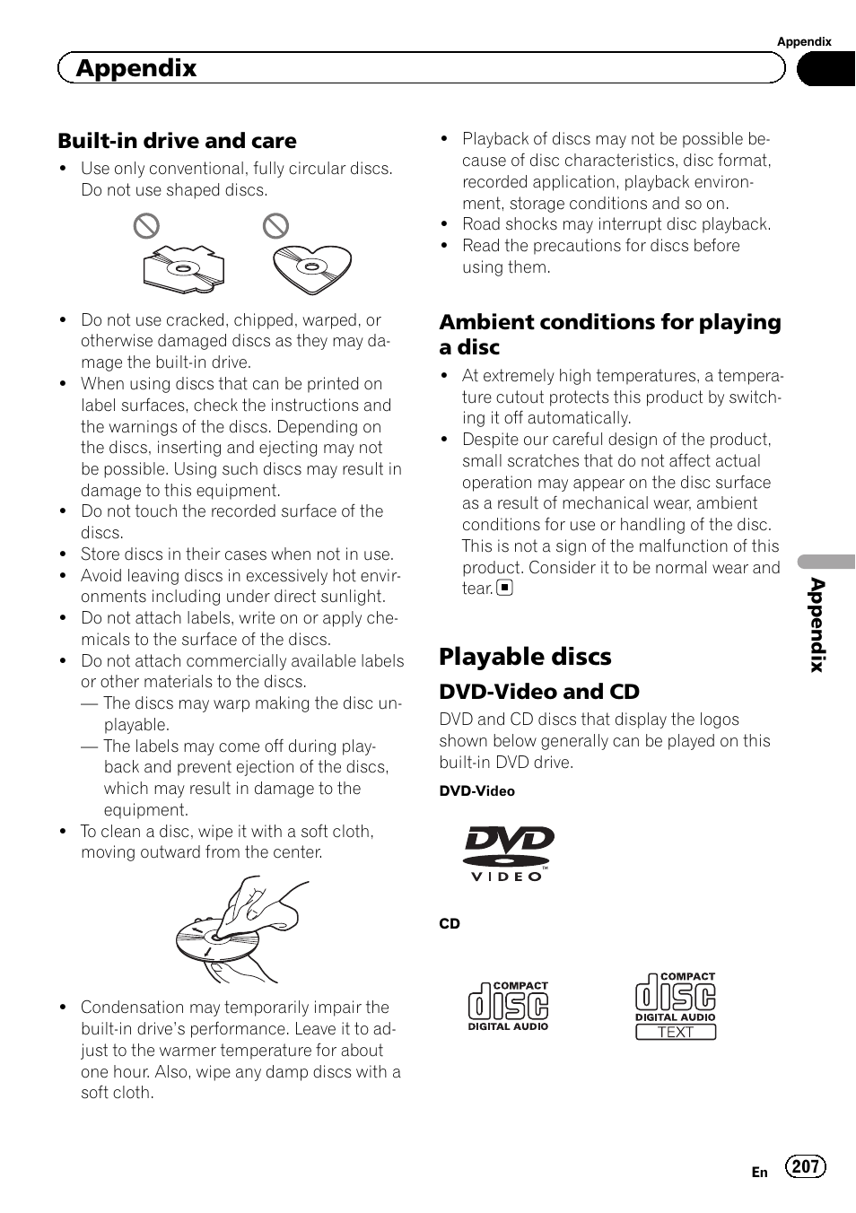 Built-in drive and care 207, Ambient conditions for playing a, Disc | Playable discs, Dvd-video and cd 207, Appendix, Built-in drive and care, Ambient conditions for playing a disc, Dvd-video and cd | Pioneer SUPER TUNER IIID AVIC-X9310BT User Manual | Page 207 / 232