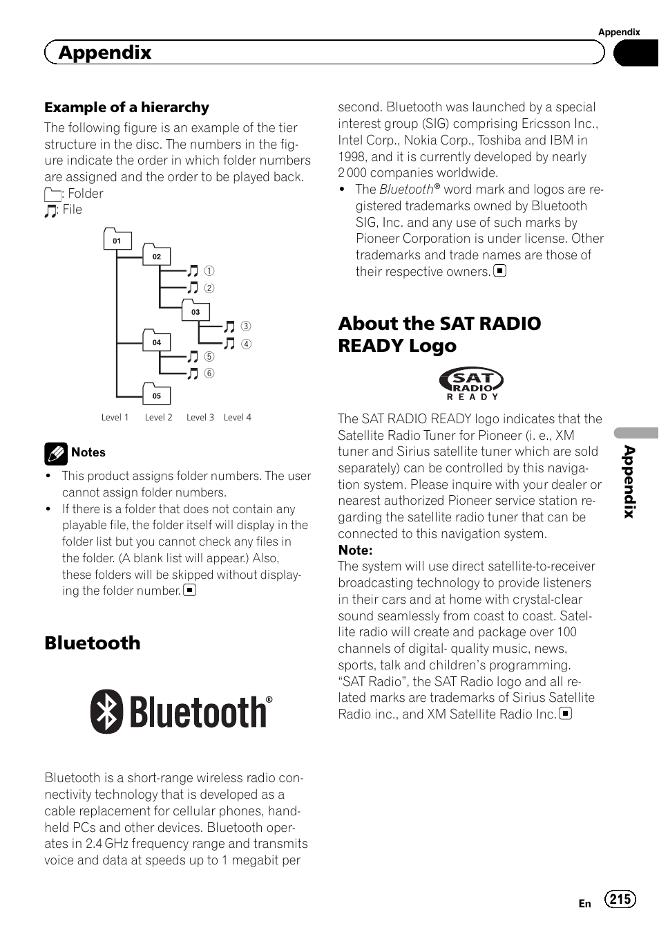 Bluetooth, About the sat radio ready logo, Appendix | Pioneer SUPER TUNER IIID AVIC-X9310BT User Manual | Page 215 / 232