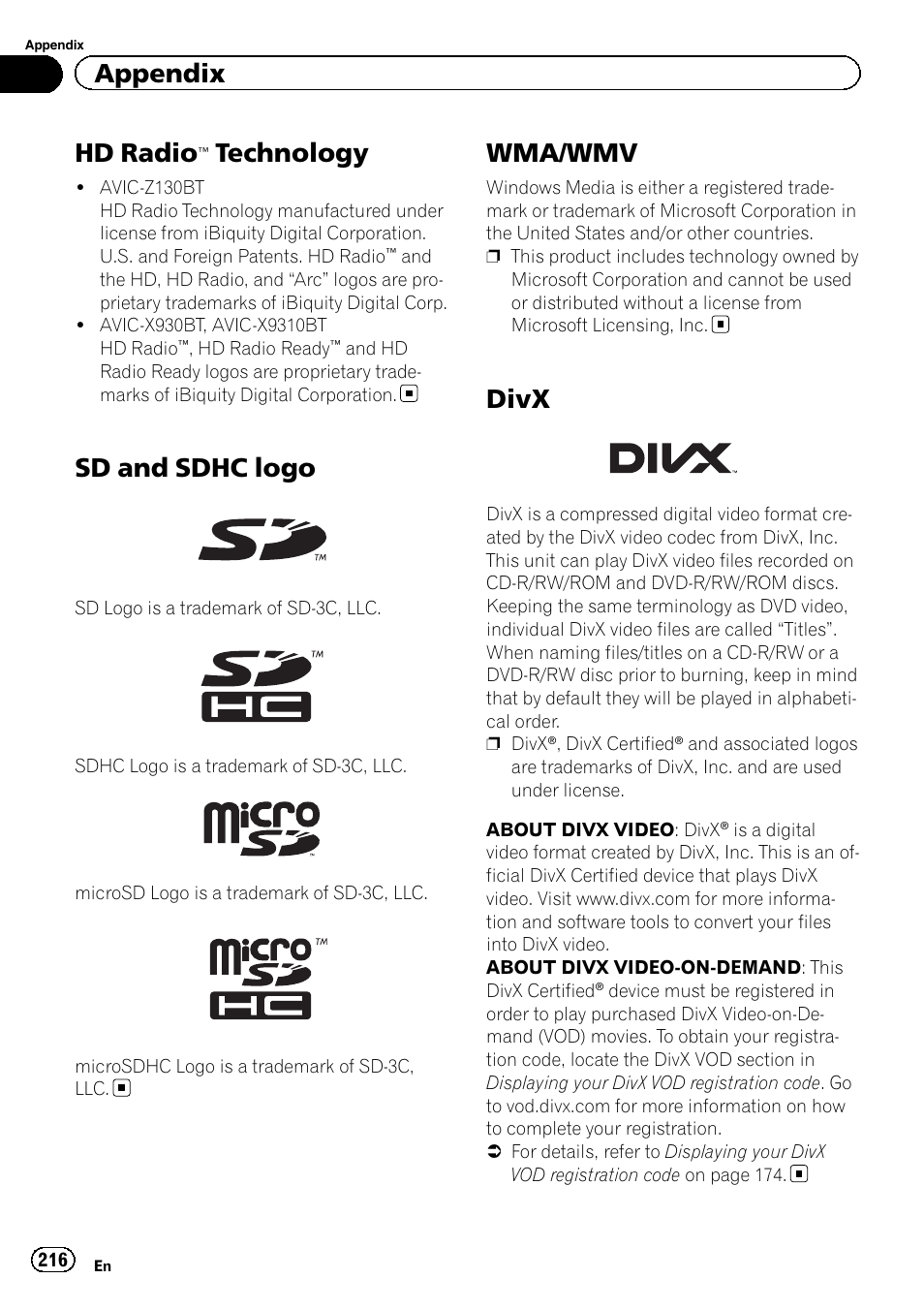 Hd radio, Technology 216, Sd and sdhc logo | Wma/wmv, Divx, Technology, Appendix | Pioneer SUPER TUNER IIID AVIC-X9310BT User Manual | Page 216 / 232