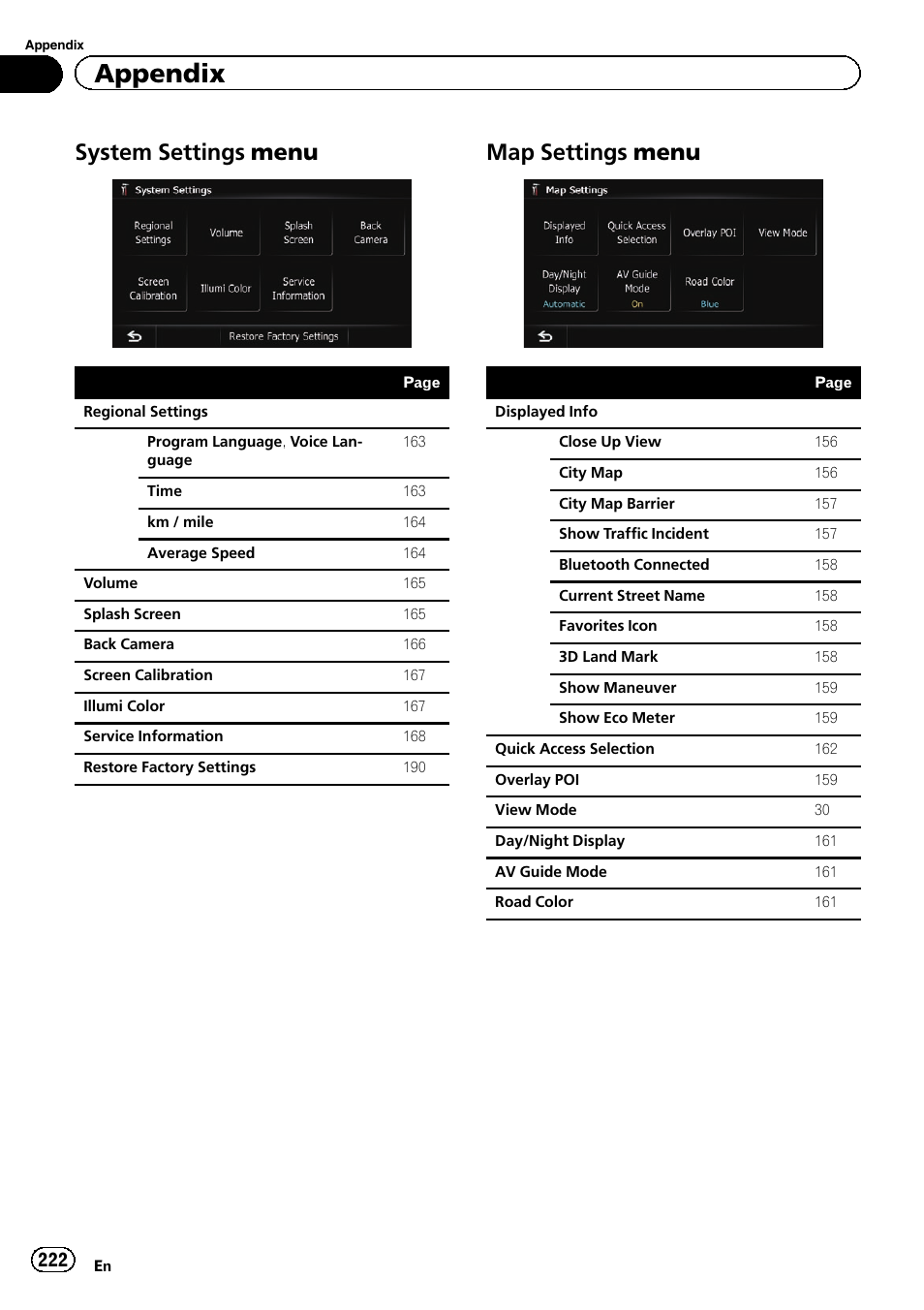 System settings menu 222, Map settings menu 222, Appendix | System settings menu, Map settings menu | Pioneer SUPER TUNER IIID AVIC-X9310BT User Manual | Page 222 / 232