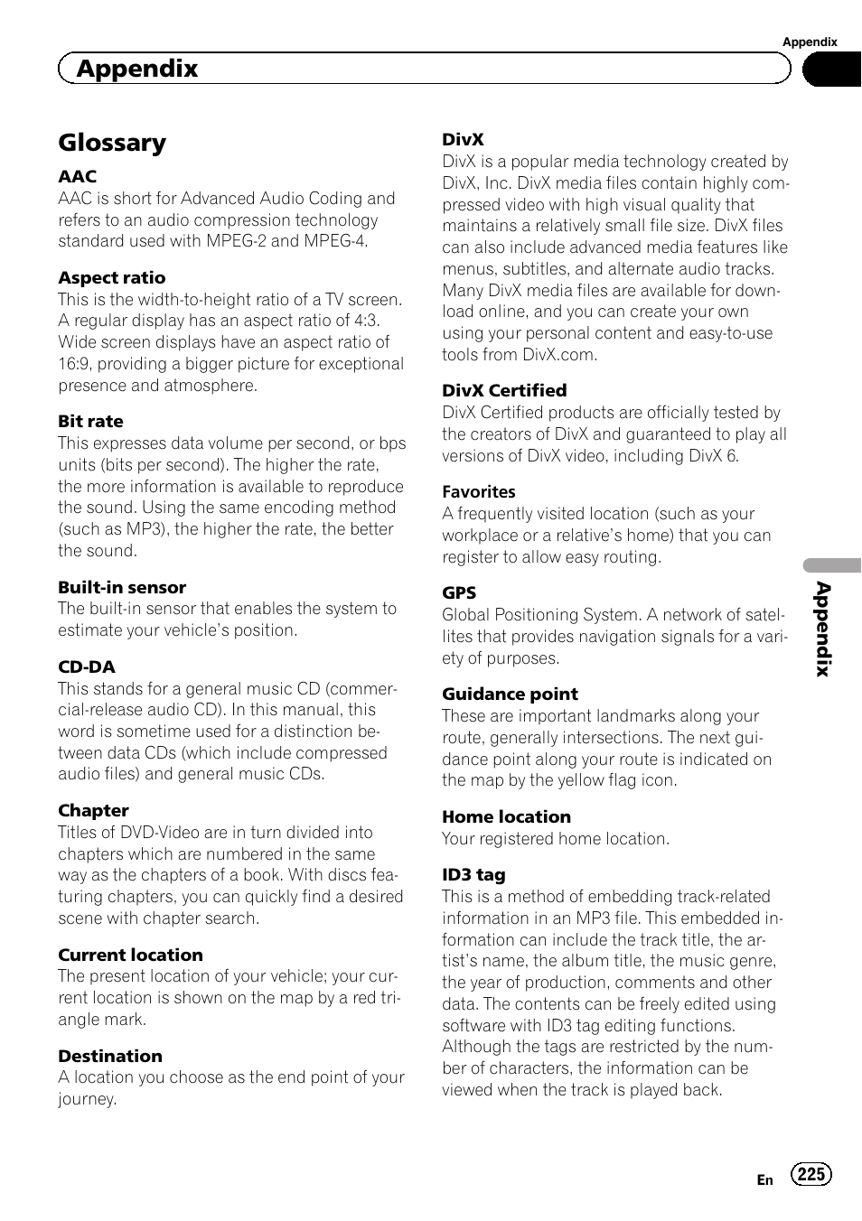 Glossary, Appendix | Pioneer SUPER TUNER IIID AVIC-X9310BT User Manual | Page 225 / 232
