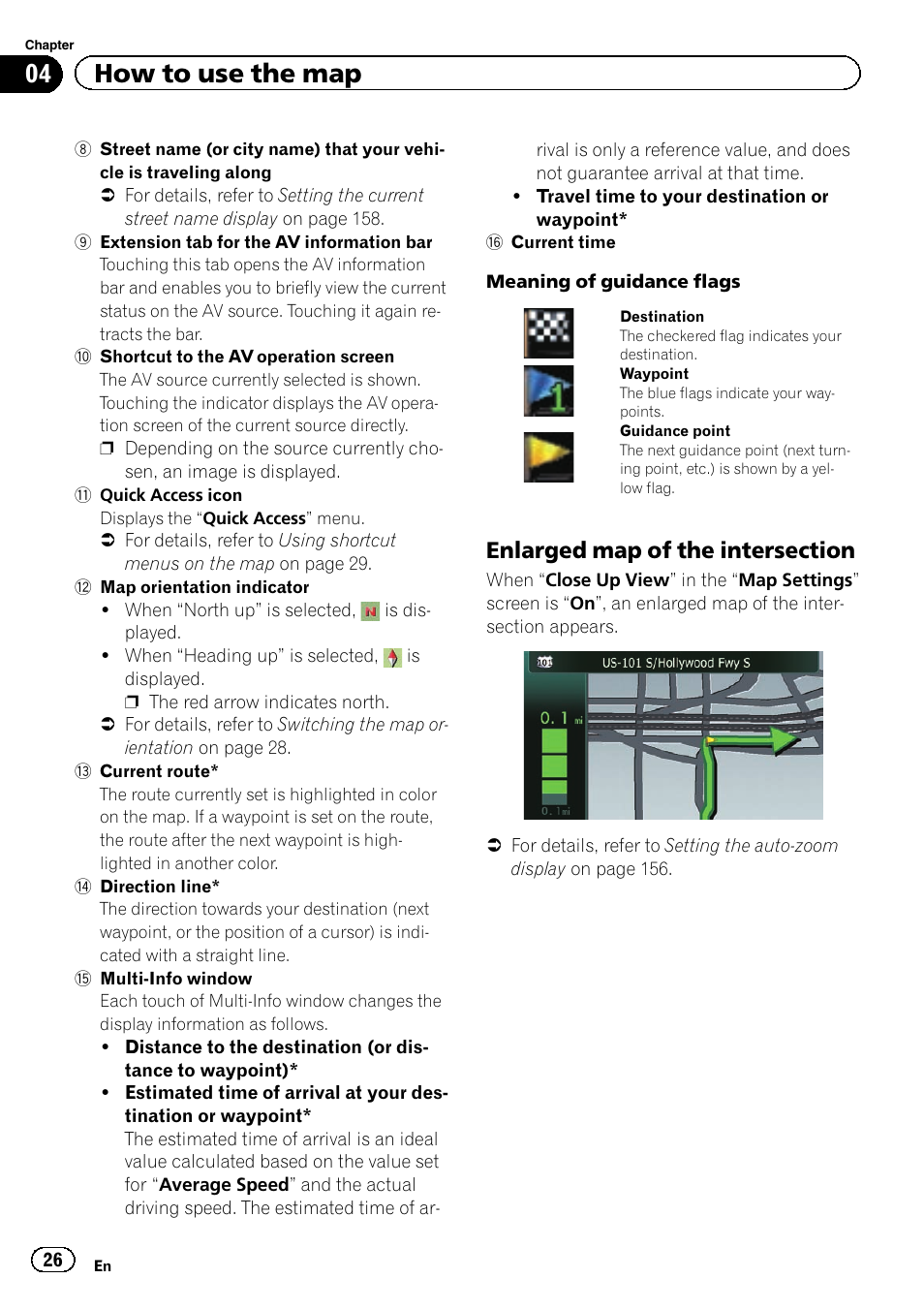 Enlarged map of the intersection 26, 04 how to use the map | Pioneer SUPER TUNER IIID AVIC-X9310BT User Manual | Page 26 / 232