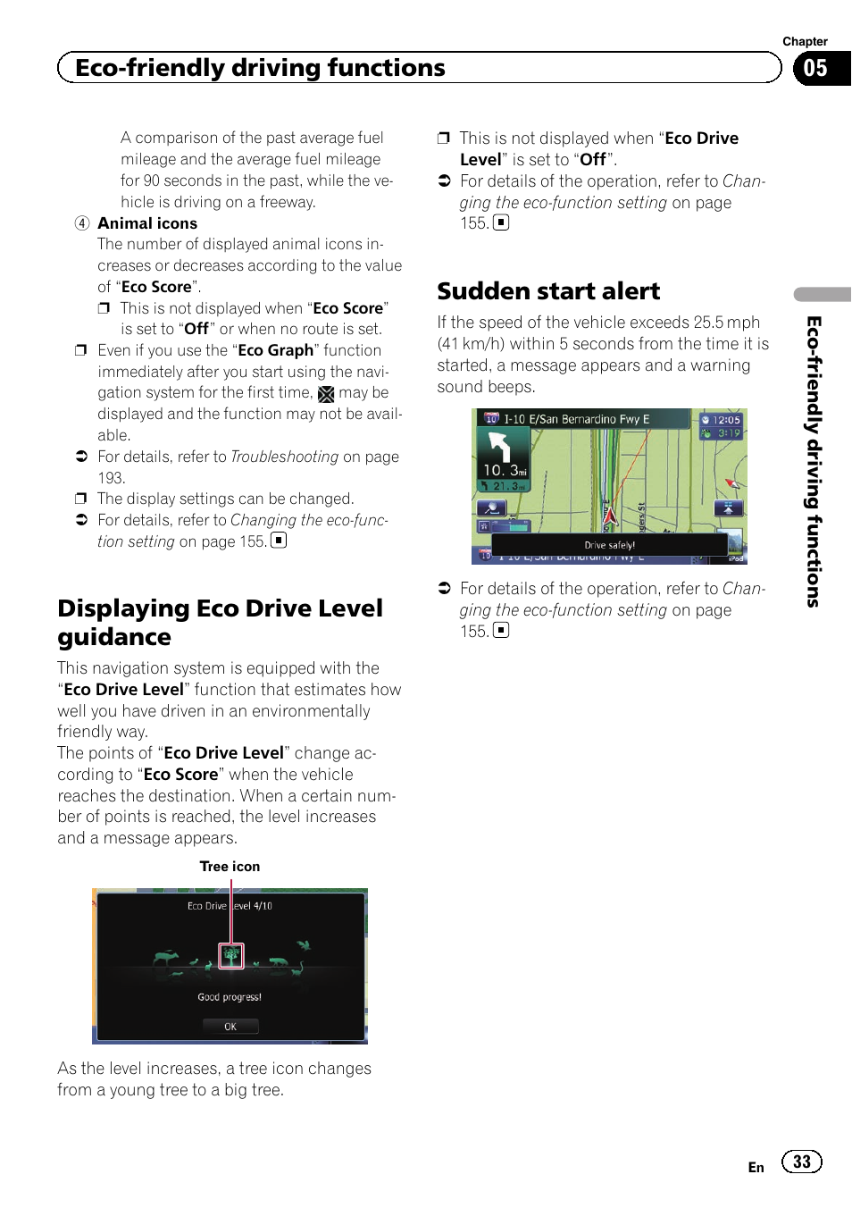 Displaying eco drive level guidance, Sudden start alert, Eco-friendly driving functions | Pioneer SUPER TUNER IIID AVIC-X9310BT User Manual | Page 33 / 232