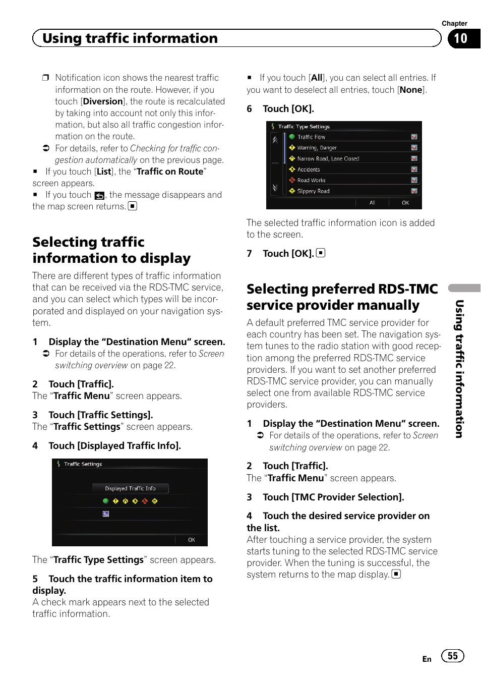 Selecting traffic information to display, Selecting preferred rds-tmc service, Provider manually | Selecting traffic infor, Select, Using traffic information | Pioneer SUPER TUNER IIID AVIC-X9310BT User Manual | Page 55 / 232