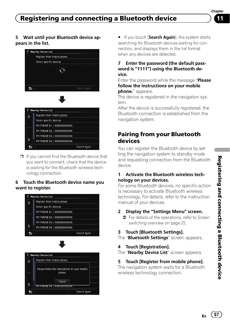 Pairing from your bluetooth, Devices, Registering and connecting a bluetooth device | Pairing from your bluetooth devices | Pioneer SUPER TUNER IIID AVIC-X9310BT User Manual | Page 57 / 232