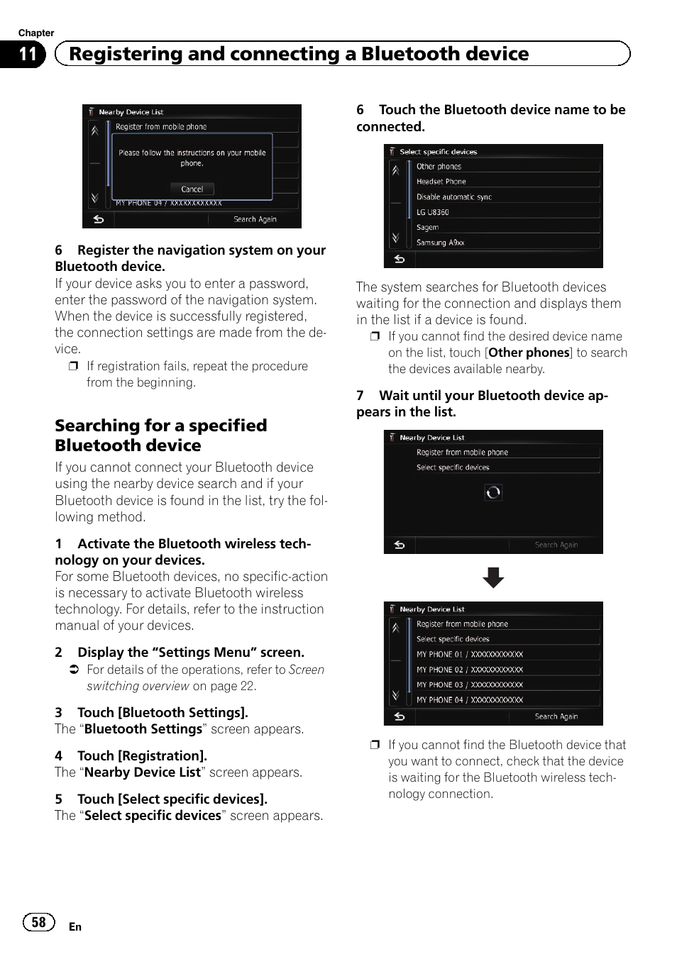 Searching for a specified bluetooth, Device, 11 registering and connecting a bluetooth device | Searching for a specified bluetooth device | Pioneer SUPER TUNER IIID AVIC-X9310BT User Manual | Page 58 / 232