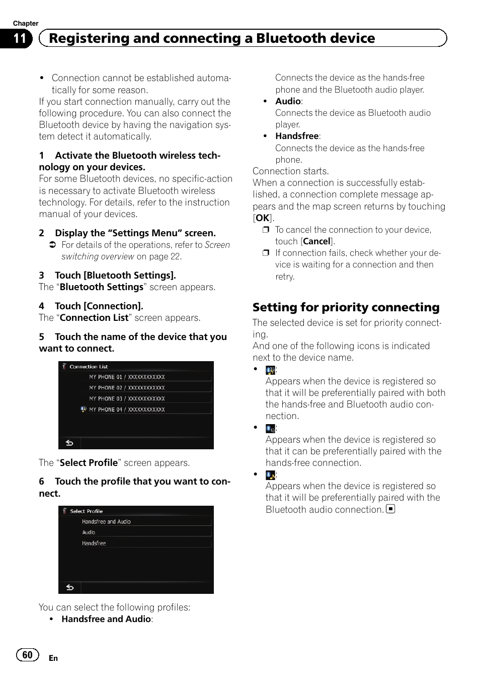 Setting for priority connecting 60, 11 registering and connecting a bluetooth device, Setting for priority connecting | Pioneer SUPER TUNER IIID AVIC-X9310BT User Manual | Page 60 / 232