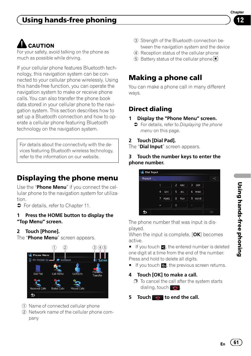 Using hands-free phoning displaying the phone menu, Making a phone call, Direct dialing 61 | Displaying the phone menu, Using hands-free phoning, Direct dialing | Pioneer SUPER TUNER IIID AVIC-X9310BT User Manual | Page 61 / 232