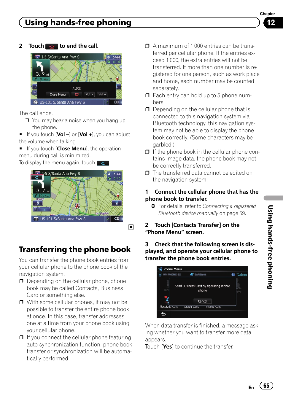 Transferring the phone book, Transferring the phone, Using hands-free phoning | Pioneer SUPER TUNER IIID AVIC-X9310BT User Manual | Page 65 / 232