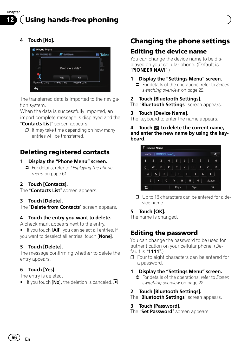Deleting registered contacts 66, Changing the phone settings, Editing the device name 66 | Editing the password 66, 12 using hands-free phoning, Deleting registered contacts, Editing the device name, Editing the password | Pioneer SUPER TUNER IIID AVIC-X9310BT User Manual | Page 66 / 232