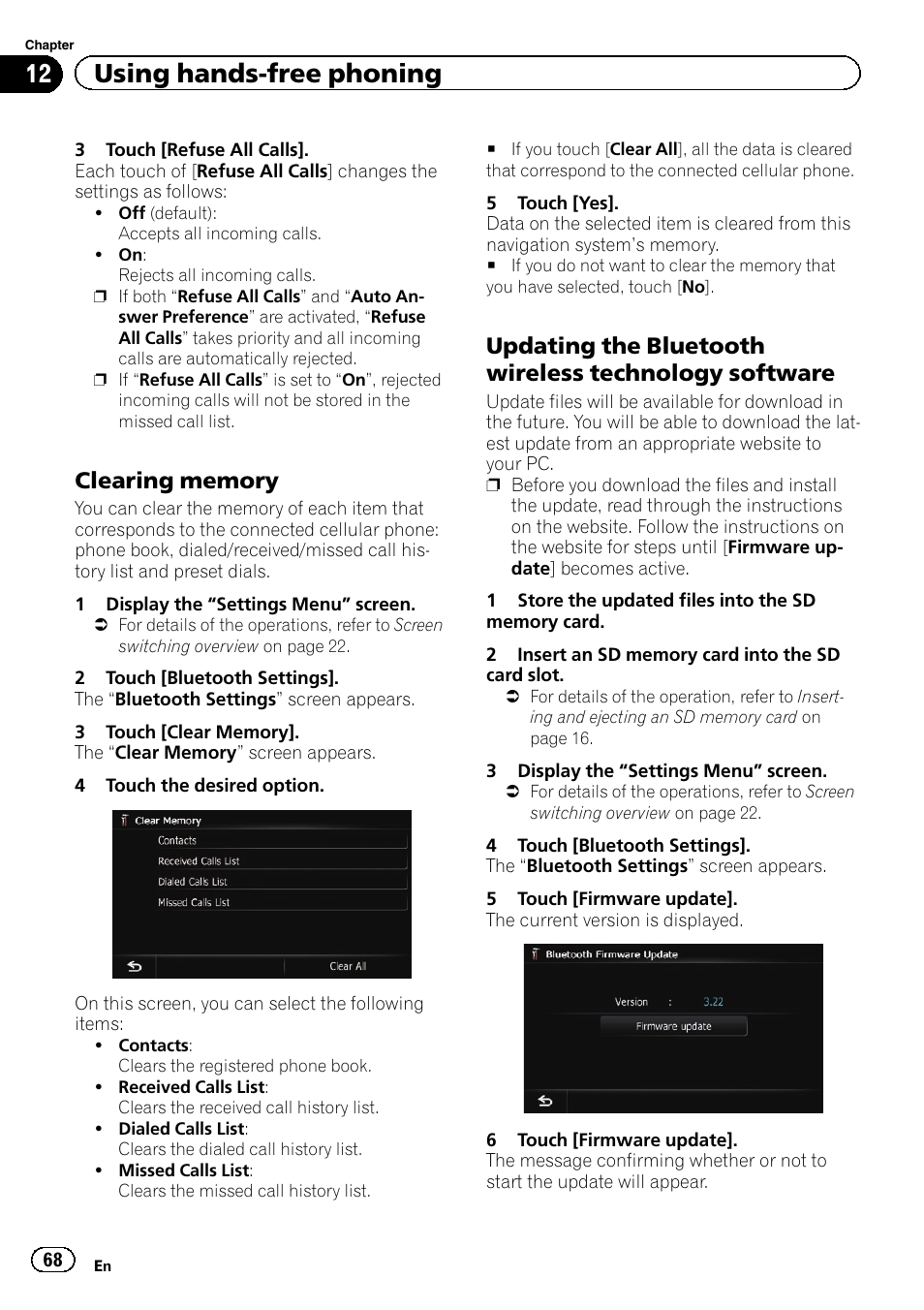 Clearing memory 68, Updating the bluetooth wireless, Technology software | 12 using hands-free phoning | Pioneer SUPER TUNER IIID AVIC-X9310BT User Manual | Page 68 / 232